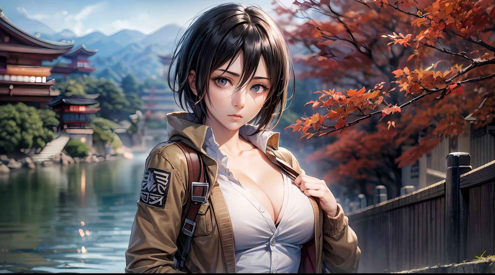 (Attack on Titan, Mikasa Ackerman), brown skin, cardigan, (short black hair), young, cute, beautiful girl, perfect style, big, emphasizing cleavage, expressionless, realistic, realistic, 8k, very detailed, highest quality, best quality, super high definition, masterpiece, one girl, (background is Japan Kyoto, Kinkakuji),
