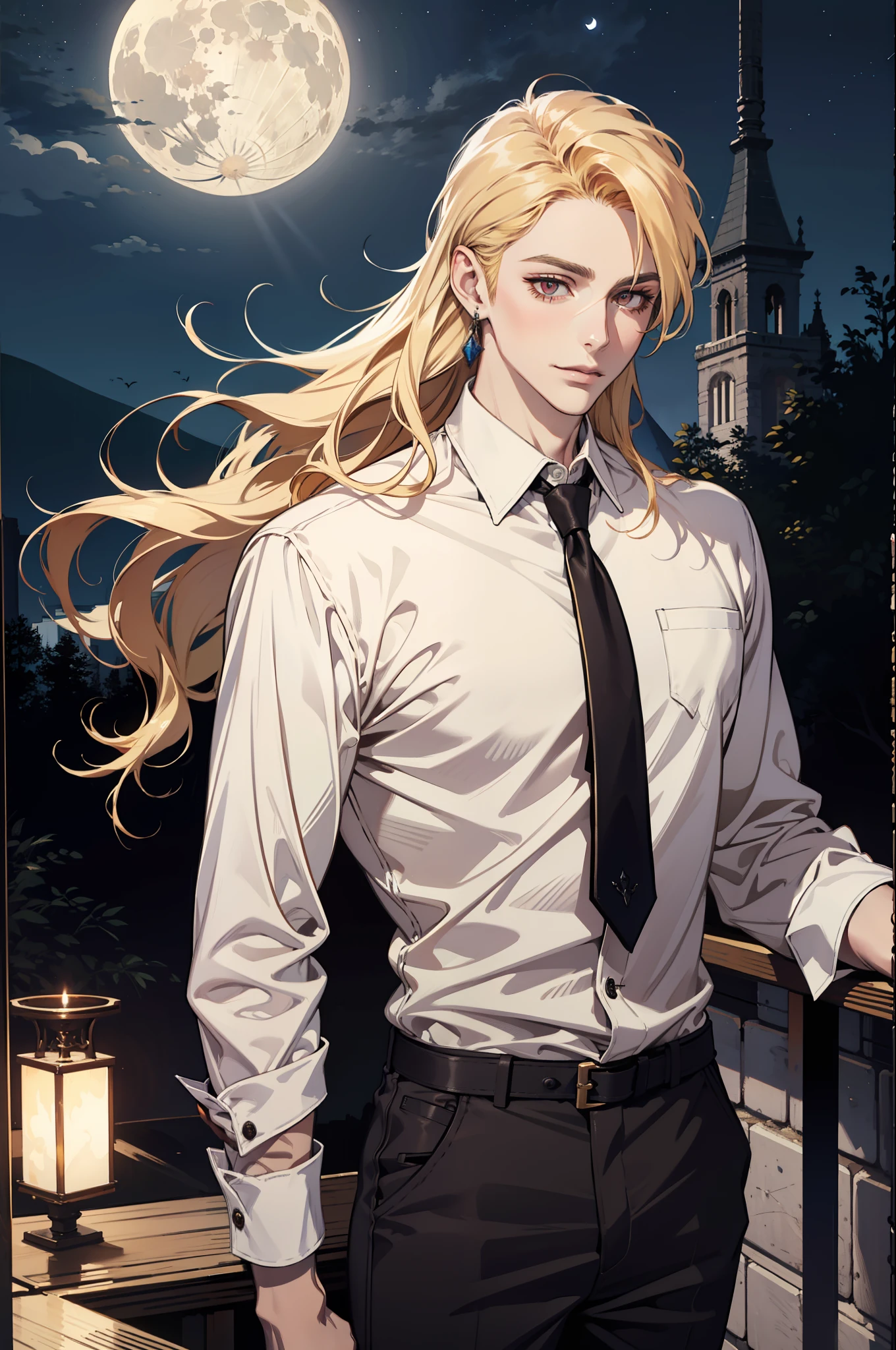 (absurdres, highres, ultra detailed), 1man, 30 years old man, adult man, handsome, tall,, finely detailed eyes and detailed face, leather pants, (((white shirt))), night, smile, dutch angle, ((long hair, blonde hair)), moon, gold details, earrings, gothic, vampire, vampire prince, dark, simple clothes, looking at the view, pale skin, red detailed eyes, (masculine), sexy, elegant, long bangs,