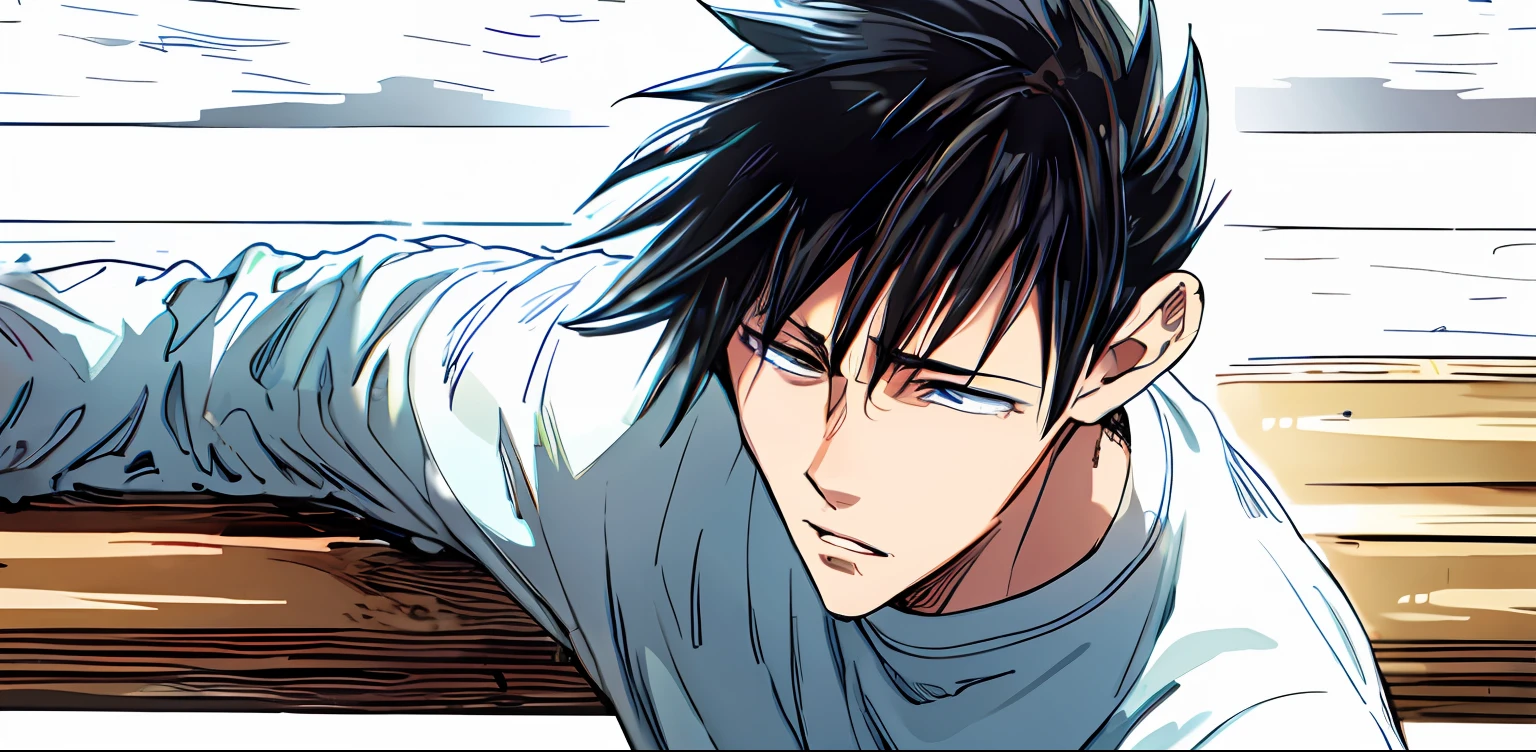 anime boy, lean on the bench, blank stare, no hope, sad, black hair, color manga, manga color, color manga, color manga panel, simple background, a white background