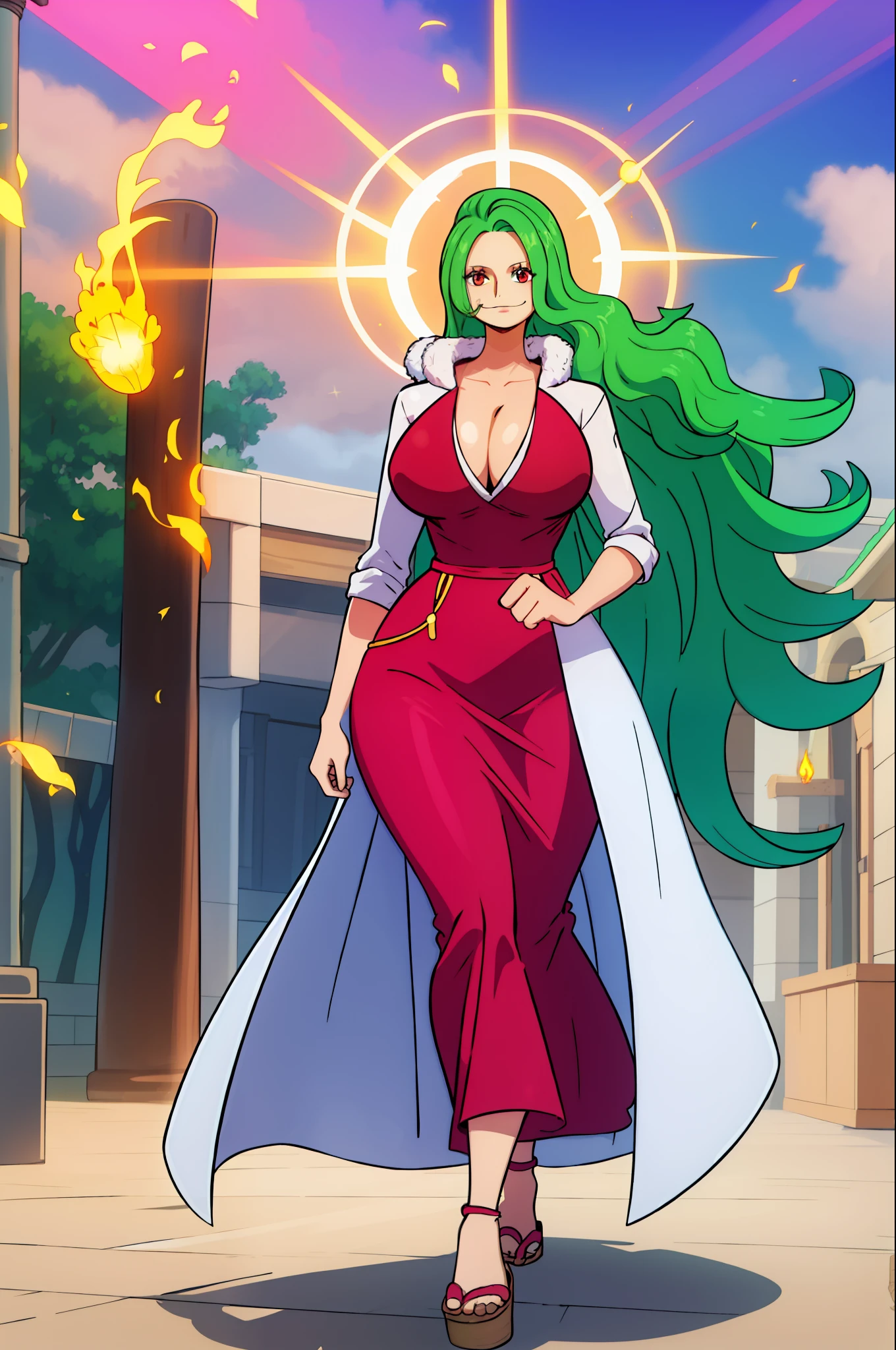 (masterpiece, best quality:1.2), cowboy shot, solo, 1girl, boa sandersonia, smile, tongue out, forked tongue, looking at viewer, crossed arms, bikini,makima,Gothic, huge chest, tall woman, curved, f, long hair, christian, alone, catholic, latin cross,, forest city, plants, walking, smile, smile, ,fur clothes, wizard, medieval, village,tights, portrait, long skirt, long dress, flip-flops, , huge breast, , , 1gir,1character, walking,long skirt, red eyes, walking,female,fantasy goddess,there is a cartoon picture of a woman with a very large breast, glowing angelic being, glowing holy aura, inspired by Luma Rouge, the non-binary deity of spring, ethereal rainbow nimbus, the butterfly goddess of fire, inspired by Marie Angel, glowing aura around her, astral fairy, as the goddess of the sun, “uwu the prismatic person, big breast, happy, beautiful eyes, , full body, walking, long robe, long dre, , nun, priestess ,holy, venus body, curvy, huge breast, forest, long skirt, coat, very long skirt,coat, europe, france, french, pantyhose, walking, pink hair, smile, happy,long skirt , long dres, green hair