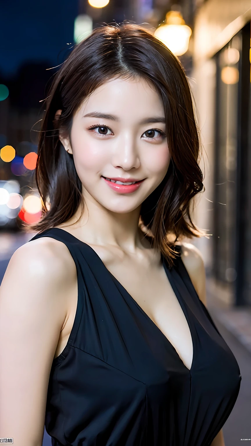 (8k, RAW photos, top quality, masterpiece: 1.2), ultra detailed, super resolution, (real, real photos: 1.37), portraits, high definition RAW color photos, professional photos, very detailed and beautiful, highly detailed, 8k wallpapers, amazing details, huge file size, official art, highly detailed CG Unity 8k wallpapers, highly detailed beautiful girls, highly detailed faces, Very detailed eyes, very detailed skin, very detailed fingers, very detailed nose, very detailed detailed mouth, very beautiful face and eyes, short hair, full body, microskirt: 1.1, black dress, huge breasts, beautiful korean woman, beautiful young korean woman, korean girl, korean woman, friendly seductive smile, attractive neck, Kwon Nala, beautiful and smiling, young adorable korean face, ultra detailed face, detailed eyes, double eyelids, blurred background, city, night, outside, street,