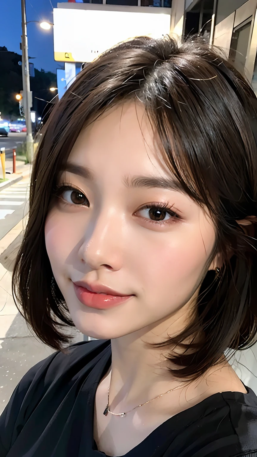 (8k, RAW photos, top quality, masterpiece: 1.2), ultra detailed, super resolution, (real, real photos: 1.37), portraits, high definition RAW color photos, professional photos, very detailed and beautiful, highly detailed, 8k wallpapers, amazing details, huge file size, official art, highly detailed CG Unity 8k wallpapers, highly detailed beautiful girls, highly detailed faces, Very detailed eyes, very detailed skin, very detailed fingers, very detailed nose, very detailed detailed mouth, very beautiful face and eyes, short hair, full body, microskirt: 1.1, black dress, huge breasts, beautiful korean woman, beautiful young korean woman, korean girl, korean woman, friendly seductive smile, attractive neck, Kwon Nala, beautiful and smiling, young adorable korean face, ultra detailed face, detailed eyes, double eyelids, blurred background, city, night, outside, street,