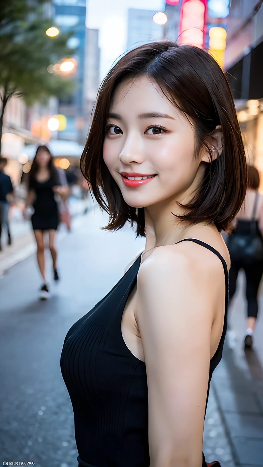 (8k, RAW photos, top quality, masterpiece: 1.2), ultra detailed, super resolution, (real, real photos: 1.37), portraits, high definition RAW color photos, professional photos, very detailed and beautiful, highly detailed, 8k wallpapers, amazing details, huge file size, official art, highly detailed CG Unity 8k wallpapers, highly detailed beautiful girls, highly detailed faces, Very detailed eyes, very detailed skin, very detailed fingers, very detailed nose, very detailed detailed mouth, very beautiful face and eyes, short hair, full body, microskirt: 1.1, black dress, huge breasts, beautiful korean woman, beautiful young korean woman, korean girl, korean woman, friendly seductive smile, attractive neck, Kwon Nala, beautiful and smiling, young adorable korean face, ultra detailed face, detailed eyes, double eyelids, blurred background, city, night, outside, street,