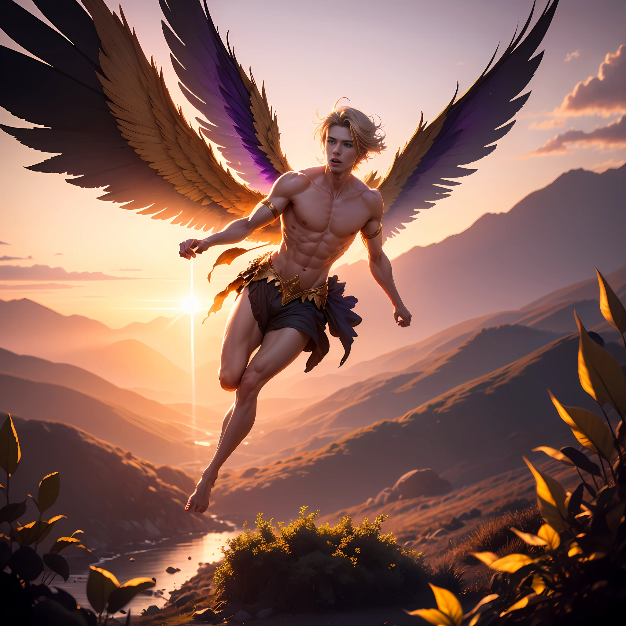 Fairy male blonde man with gold and purple details, large wings, flying in the air, vegetation blurred background, soft colors, soft light, sunset light, smooth light, reflections, HDR lighting, 8k resolution, cinematic film, smooth, strobe light beams, masterpiece, full body --auto