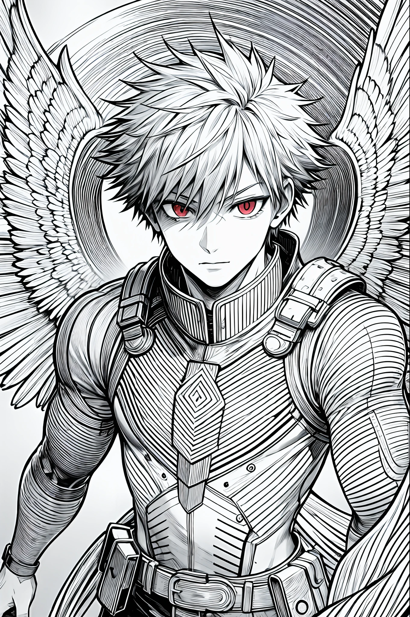 masterpiece, best quality, one man, katsuki bakugo, fallen Angel, wings,half body,shining red eyes, monochrome, line art
