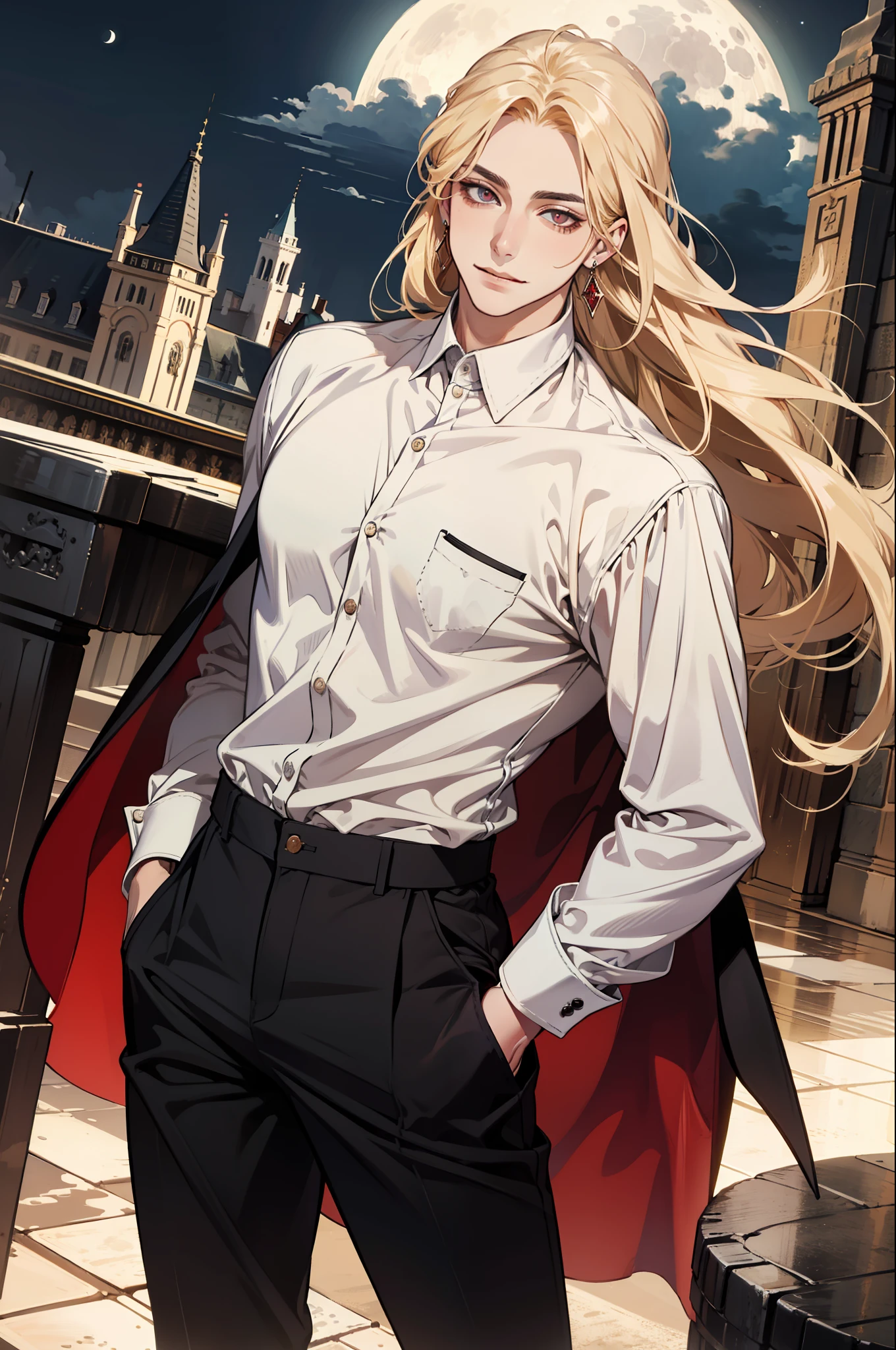 (absurdres, highres, ultra detailed), 1man, 30 years old man, adult man, handsome, tall,, finely detailed eyes and detailed face, leather pants, (((white shirt))), night, smile, dutch angle, ((long hair, blonde hair)), moon, gold details, earrings, gothic, vampire, vampire prince, dark, simple clothes, looking at the view, pale skin, red detailed eyes, (masculine), sexy, elegant, long bangs,