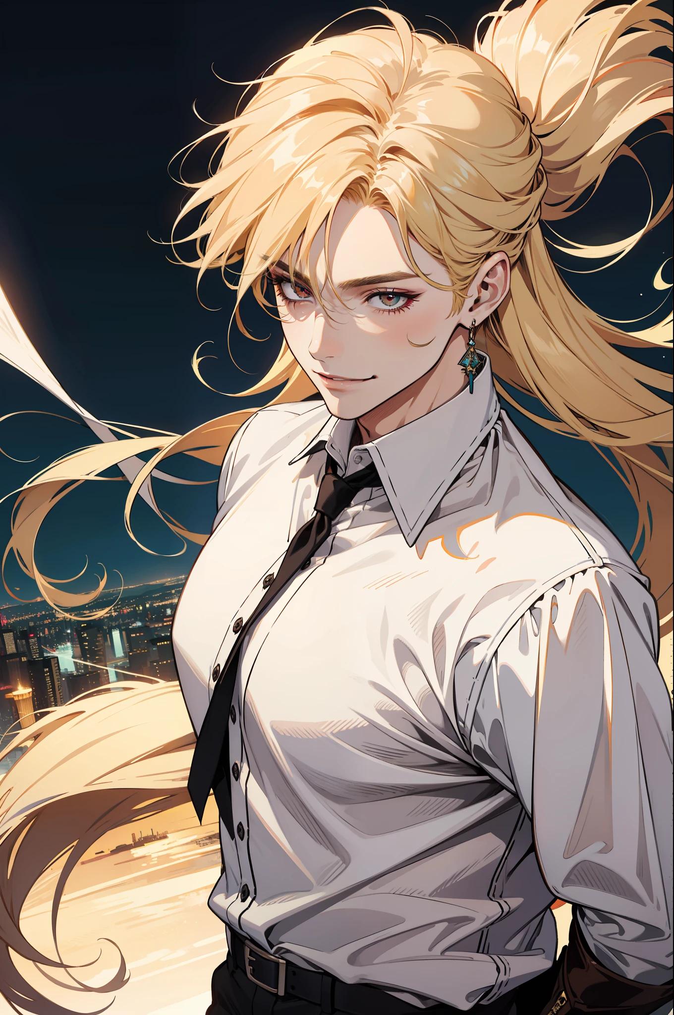 (absurdres, highres, ultra detailed), 1man, 30 years old man, adult man, handsome, tall,, finely detailed eyes and detailed face, leather pants, (((white shirt))), night, smile, dutch angle, ((long hair, blonde hair)), moon, gold details, earrings, gothic, vampire, vampire prince, dark, simple clothes, looking at the view, pale skin, red detailed eyes, (masculine), sexy, elegant, long bangs,