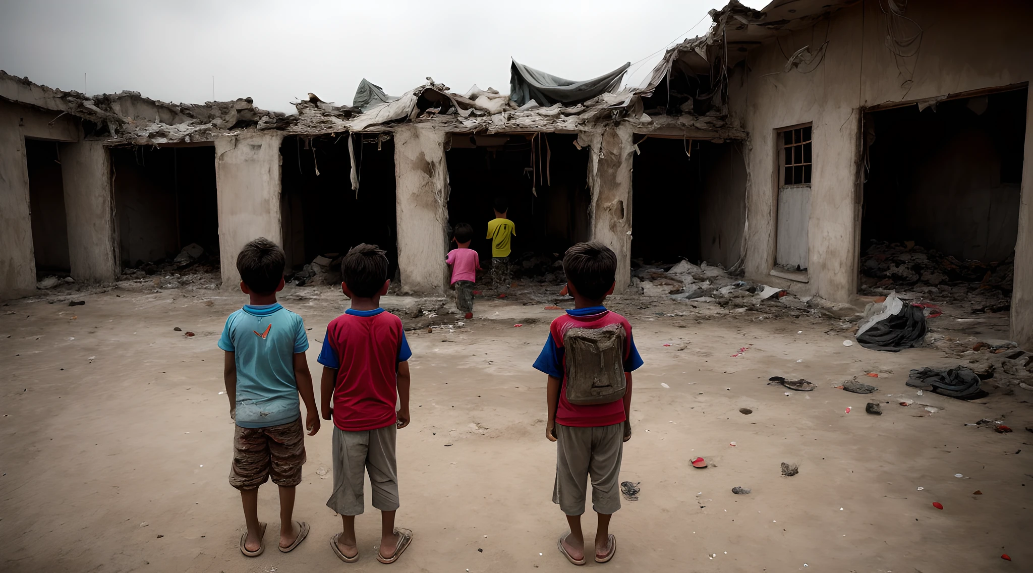 War environment, an image of war, children from the back with dirty and torn clothes, destroyed place, war, gloomy environment, devastation, children rear view, sadness of war