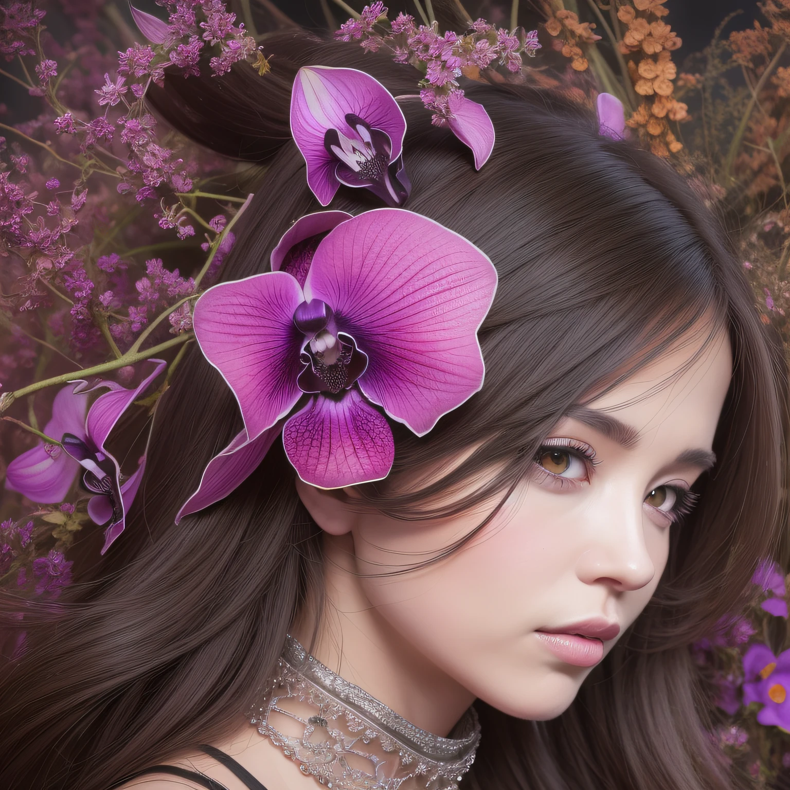 Ultra HD detailed painting of black orchids with many different types of natural flowers by Android Jones