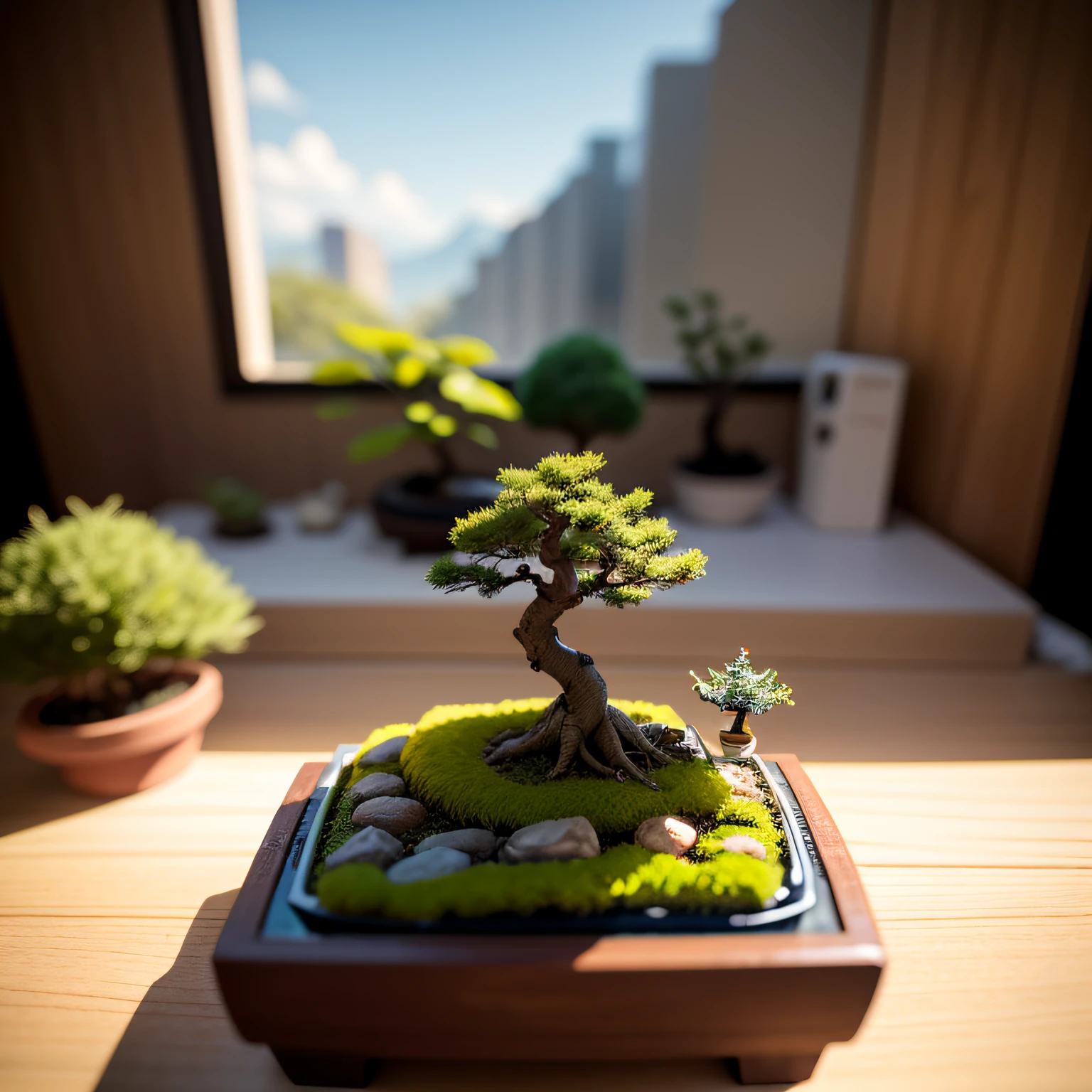 Miniature Bonsai landscape with dolls on top of Realistic, Photography, Studio lighting, shot by Phase One camera, HDR clarity detail, Hyperfocal length, 8K, Ultra Realistic --auto