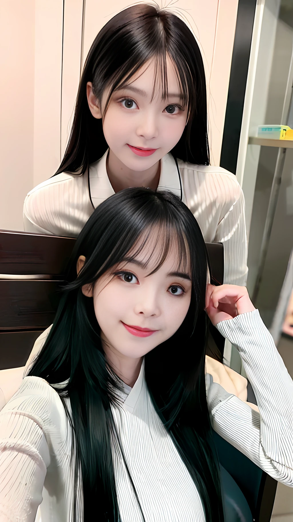 arafed asian woman with long black hair and a striped shirt, with long hair, dang my linh, 1 8 yo, xintong chen, with straight black hair, with cute - fine - face, 18 years old, young cute wan asian face, 2 2 years old, 2 7 years old, asian girl with long hair, 2 3 years old
