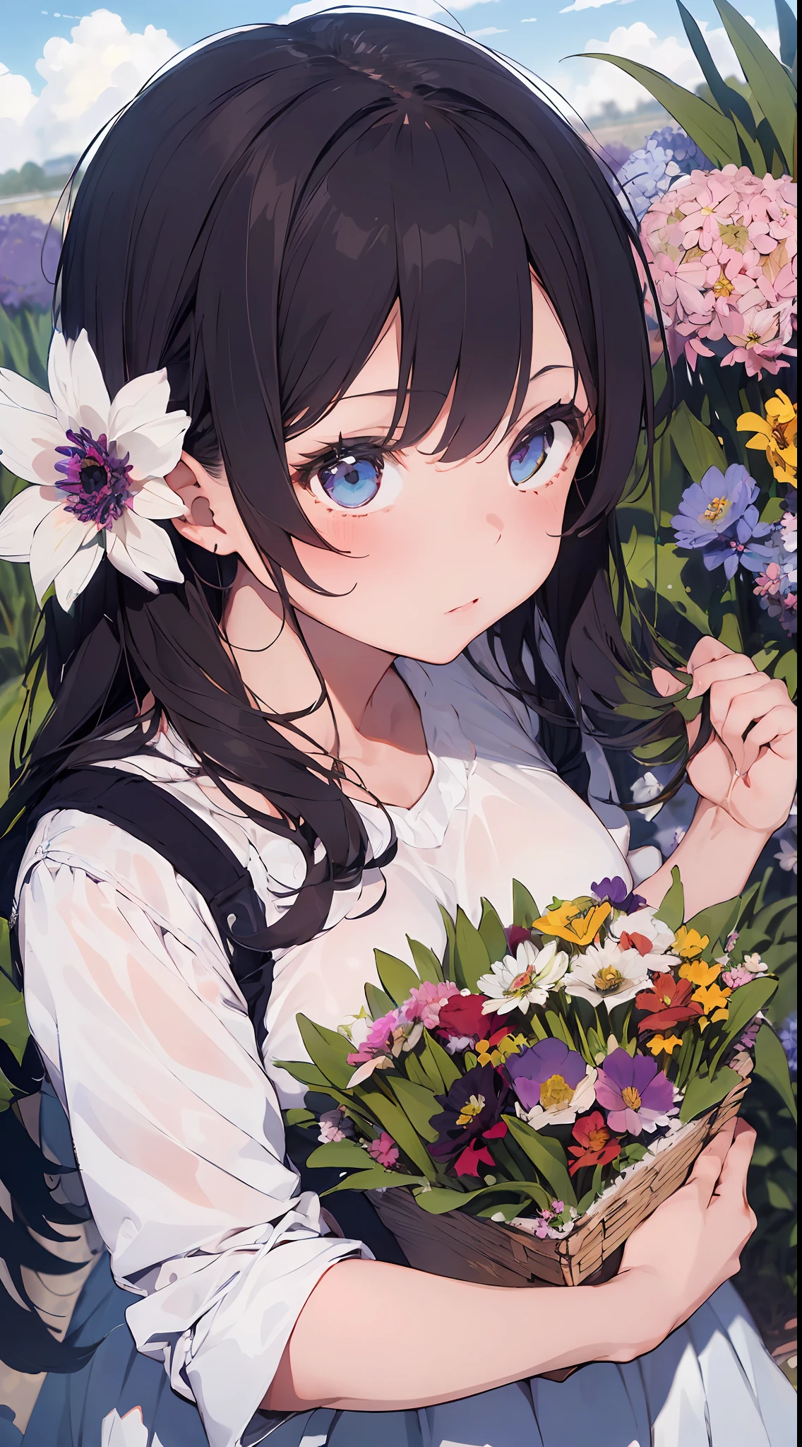 ((masterpiece,best quality)),(1girl, solo:1.4),negative space:1.3,from above,beautiful detailed eyes, vivid, cloudy sky, flower, anemone \(flower\), daffodil, hyacinth,falling petals,sanshoku dango, hanami, picnic, incoming kiss, incoming hug,