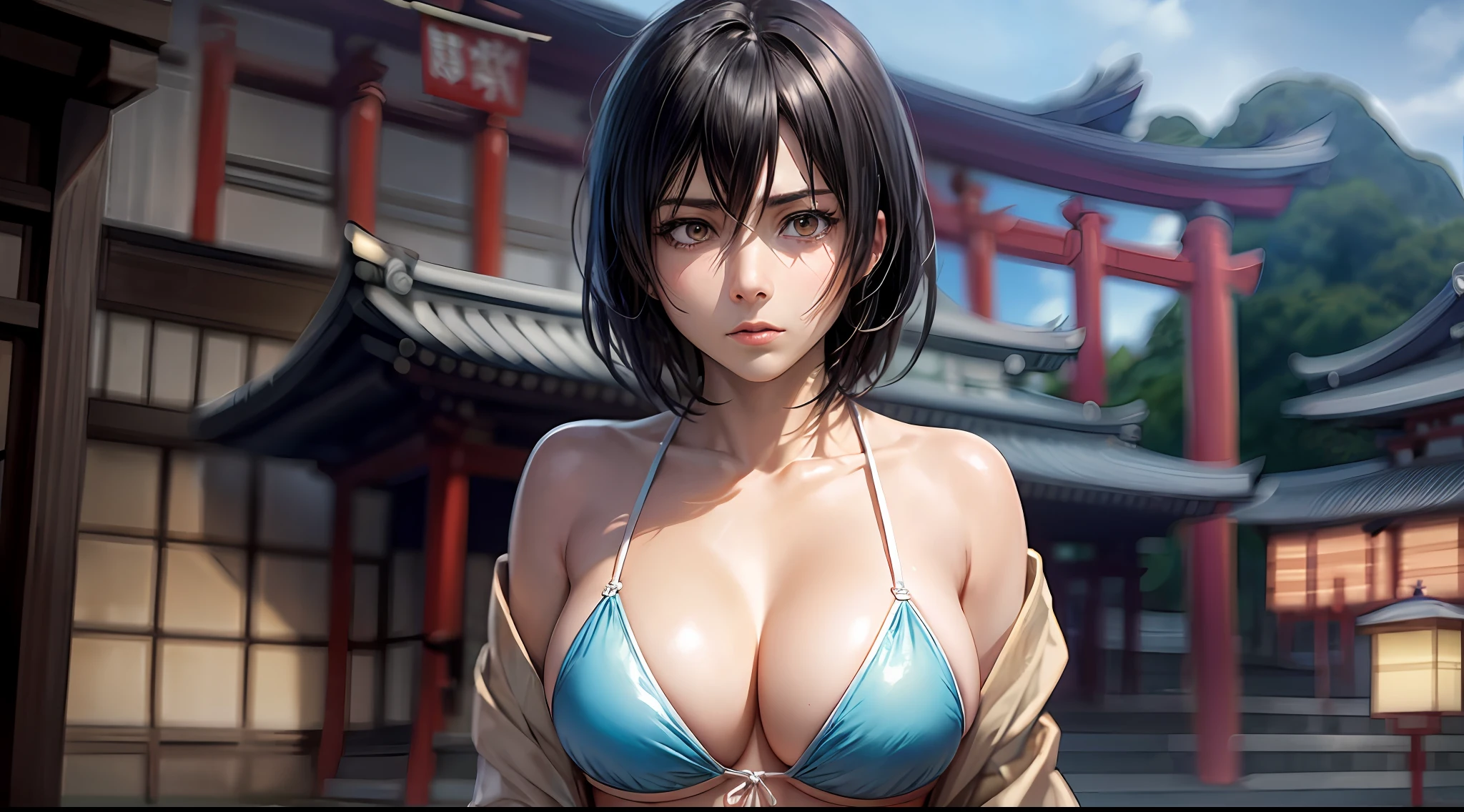 (Attack on Titan, Mikasa Ackerman), brown skin, light blue micro bikini, (short black hair), young, cute, beautiful girl, perfect style, big, emphasizing cleavage, expressionless, realistic, realistic, 8k, very detailed, highest quality, best quality, super high definition, masterpiece, one girl, (background is Japan Kyoto, Kinkakuji),