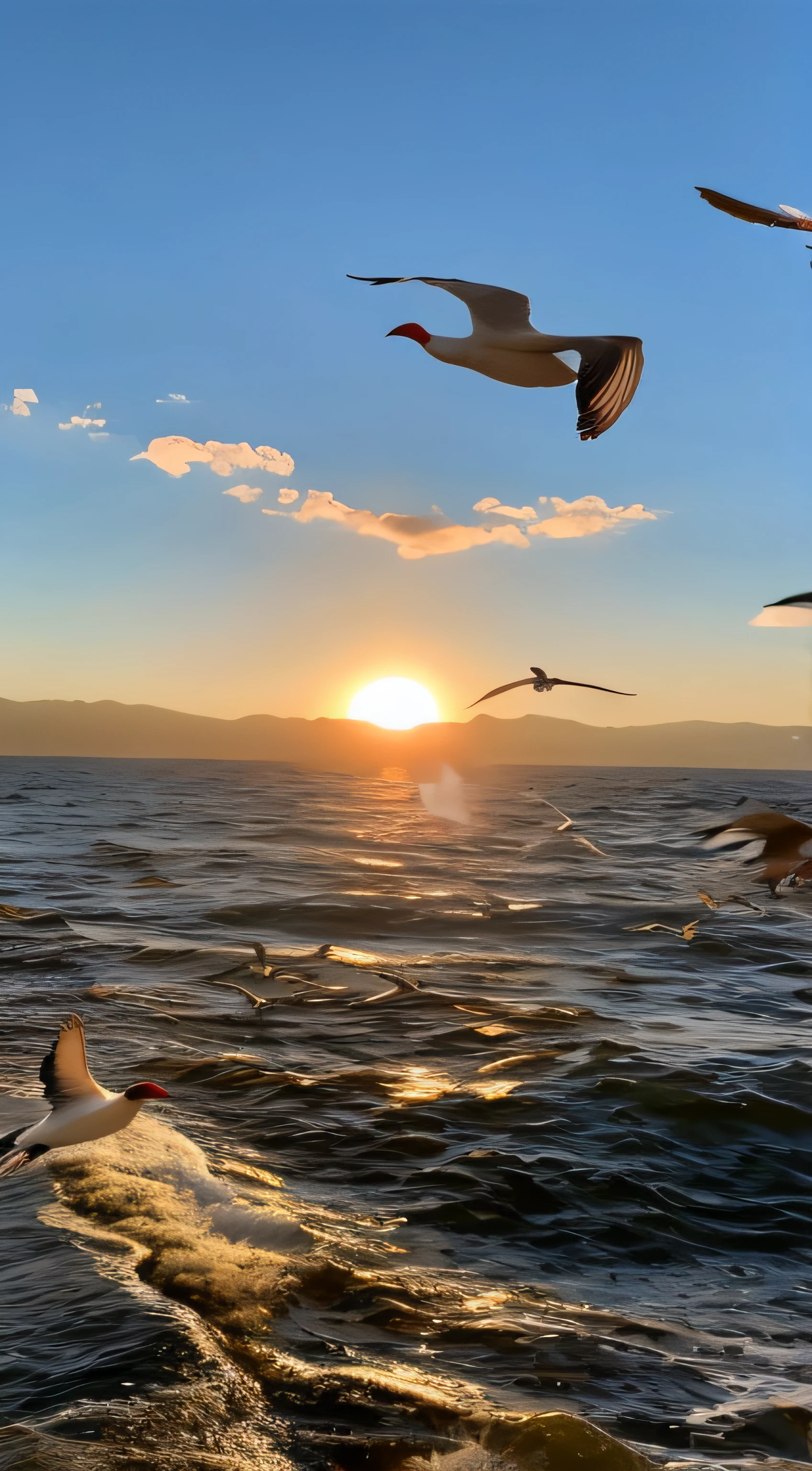 flock of seagulls flying over the ocean at sunset, birds flying in the sunlight, flying through sunset, still from a nature documentary, flying over the ocean, 4 0 9 6, 8k hdr sunset lit, bird flying out of water, birds flying in the distance, sunset lighting 8k, by Niko Henrichon, birds in the sunlight, still from nature documentary