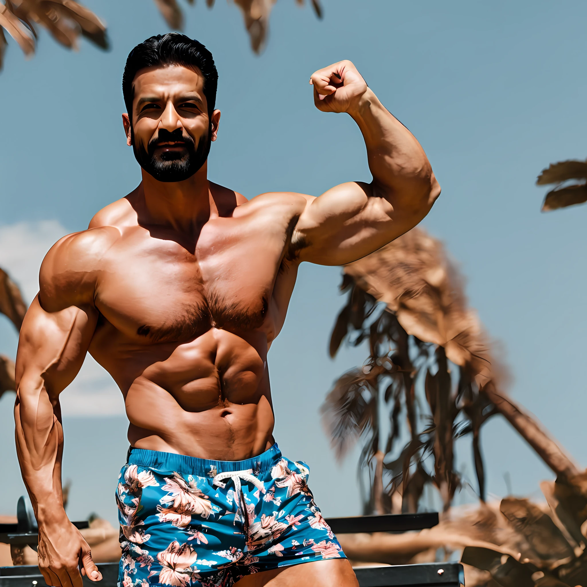 "Stylish and poised, a 35-year-old Arabic supermodel showcases his pstrength as he confidently poses in a captivating floral print short shorts and a perfectly matching t-shirt." Oversized biceps, thin waist