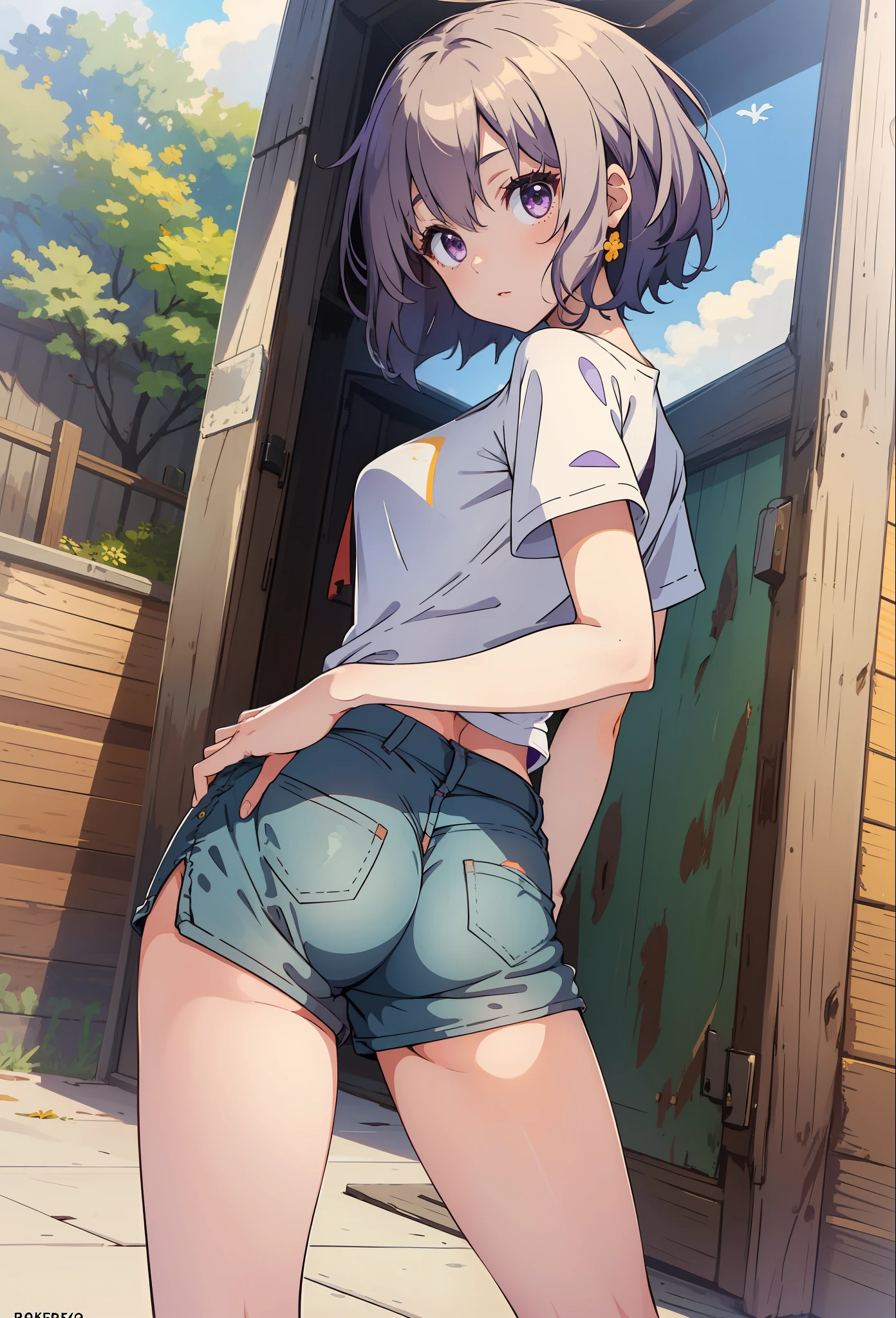 ((masterpiece, top quality)), 1 girl, outside, park, from behind, looking at the viewer, looking back, rche, girl, purple eyes, short hair, blonde hair, t-shirt, white shirt, shorts, ass gonzo, butt sticking out