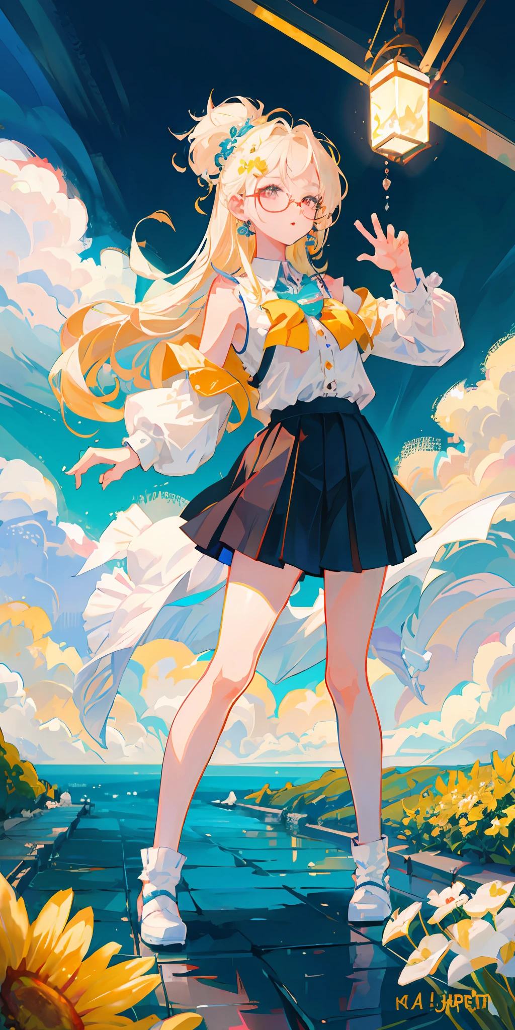 Best quality, super high resolution, (realism: 1.4), 1 female, sleeveless white button-down shirt, black skirt, black collar, ((glasses)), (Kpop idol), (aegyo sal: 1), (platinum blonde: 1), ((puffy eyes)), looking at viewer, full body, flowers