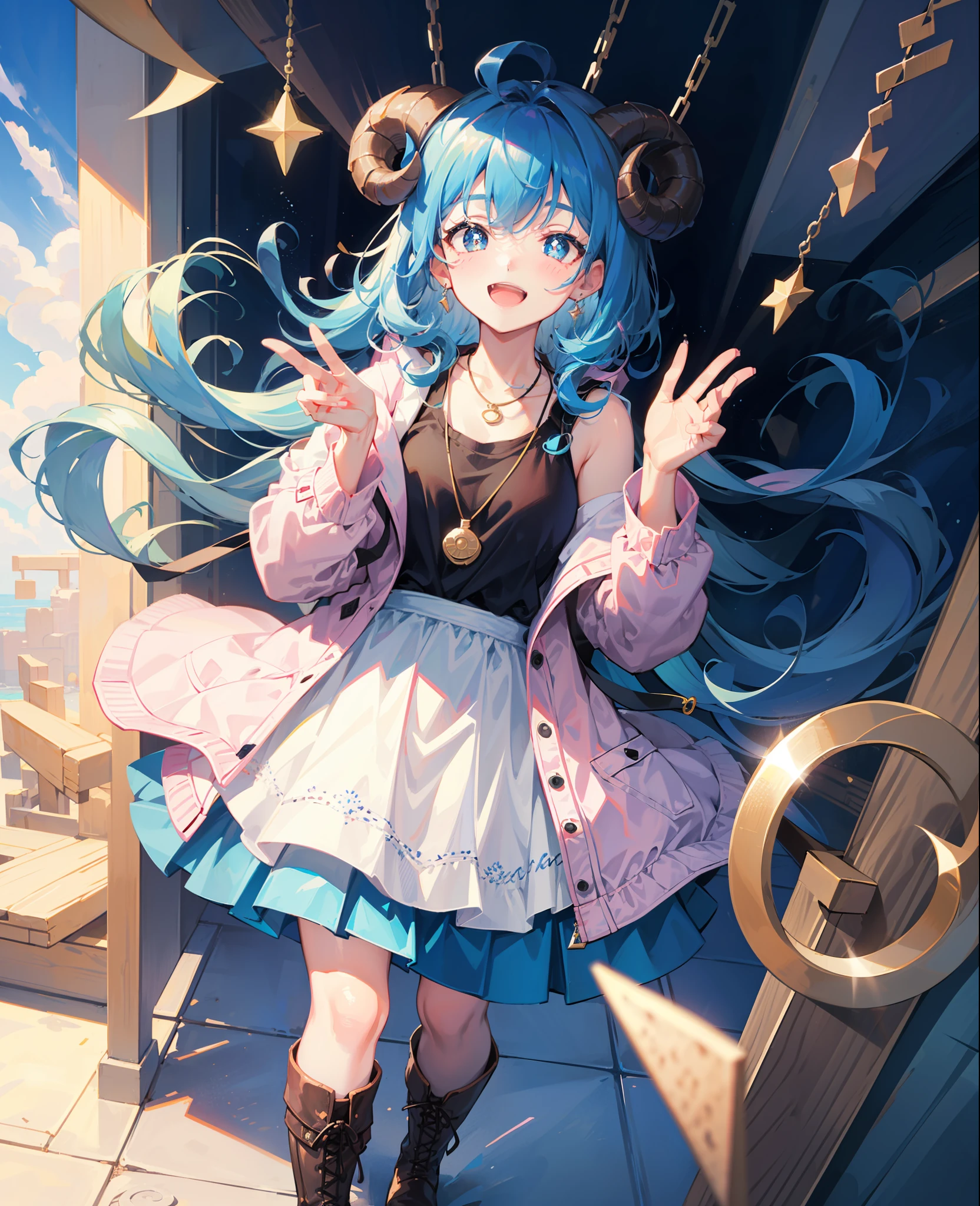 sheep girl, curly and messy hair, (blue hair), (rectangular pupils), blue sheep eyes, black goat horns, wearing a blue overol, with a necklace, with a pink coat on her shoulders, black boots, happy, cheerful, smiling, playful, cute, beautiful, dynamic pose, (1girl), female, solo