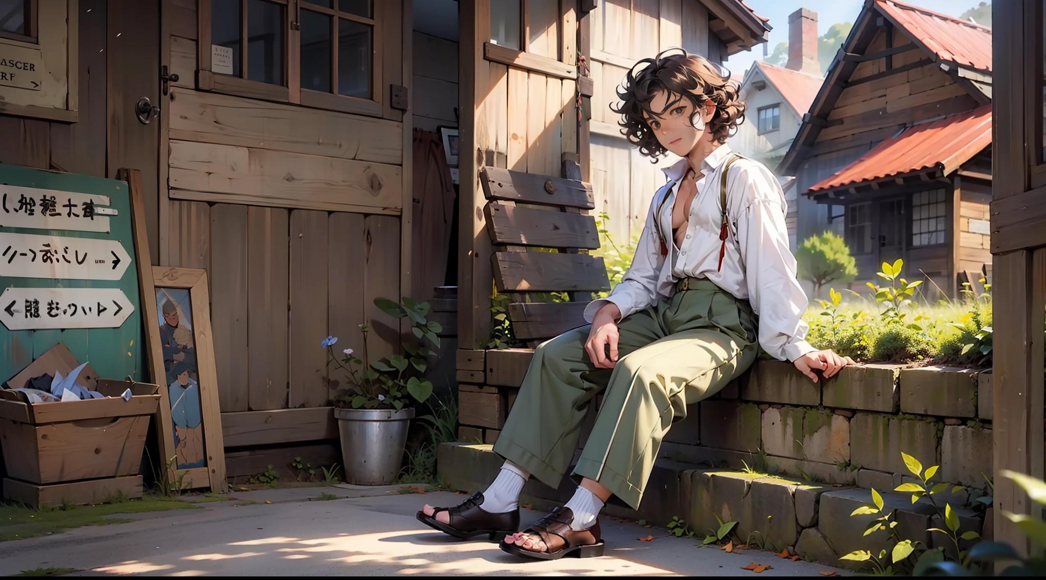 16 year boy,curly hair,loose shirt,Bibbed trousers,19th century clothing style,(full body:1.5)