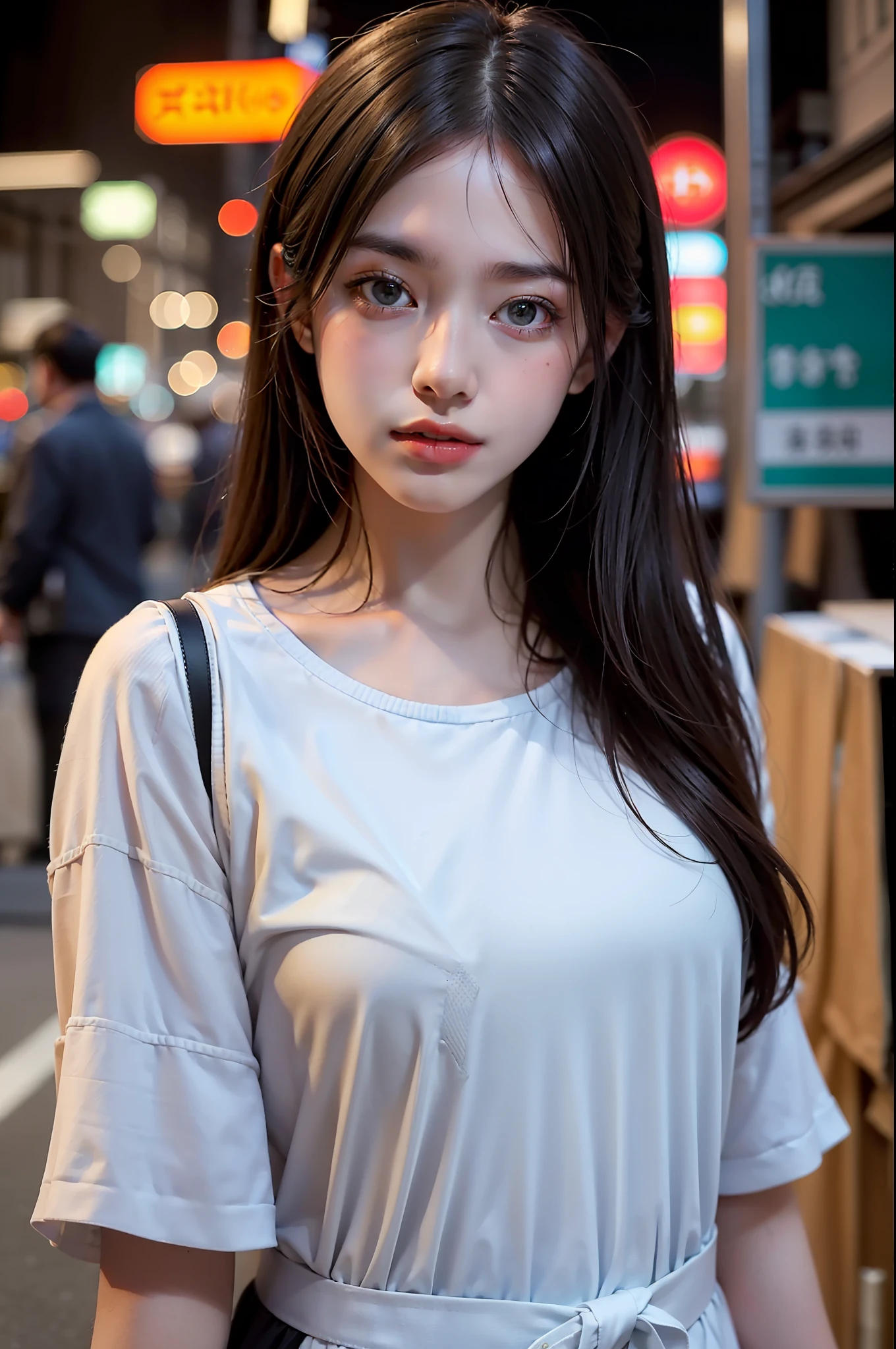 1girl, Tokyo street,night, cityscape,city lights, upper body,close-up, 8k, RAW photo, best quality, masterpiece,realistic, photo-realistic,