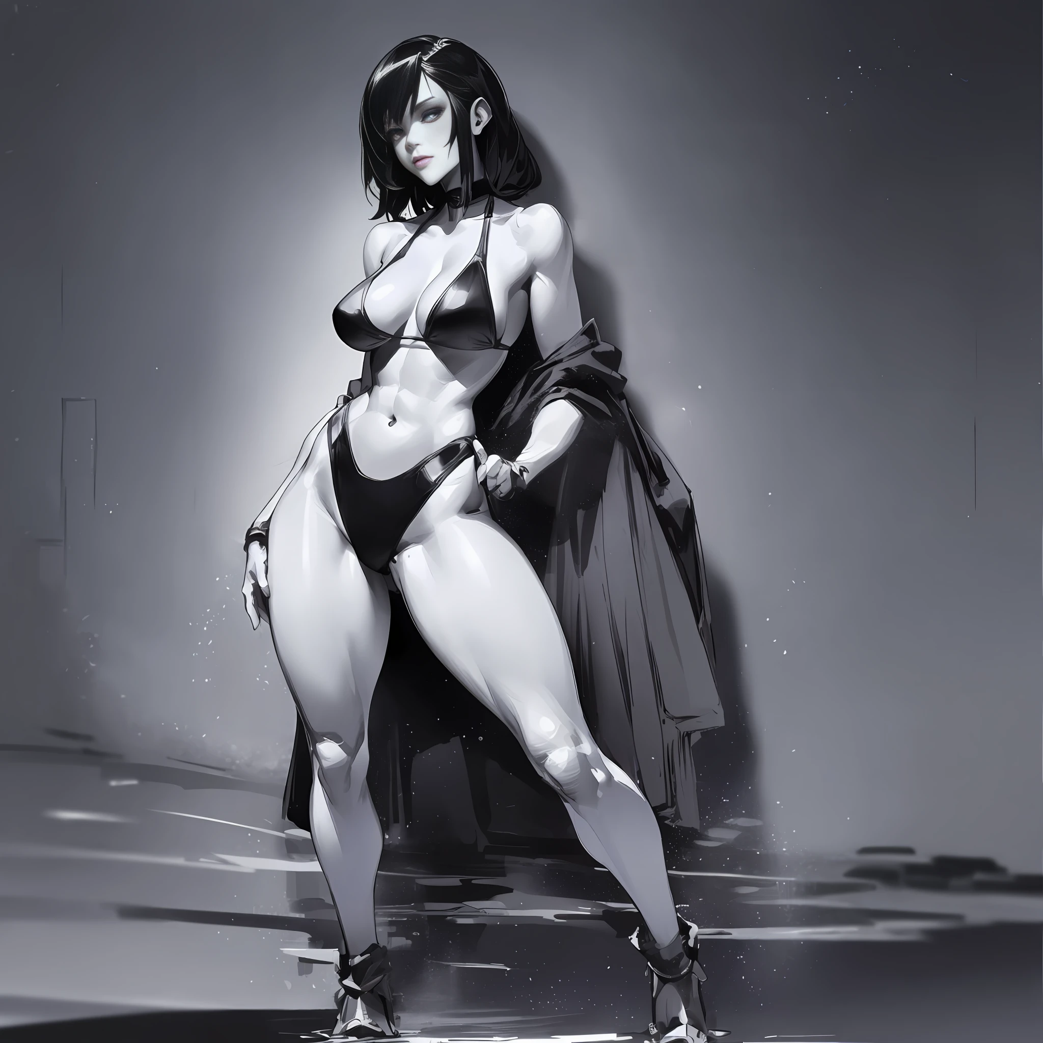 Masterpiece, Yuji Shinkawa, great Japanese master anime works, Japanese manga master works, black and white manga, grayscale, realistic night scene, a girl in leather tight bikini standing in the night, full body, sexy girl, slim body, big, long legs, sexy slender legs, movie lighting, light and shadow tracking, movie composition, full body standing
