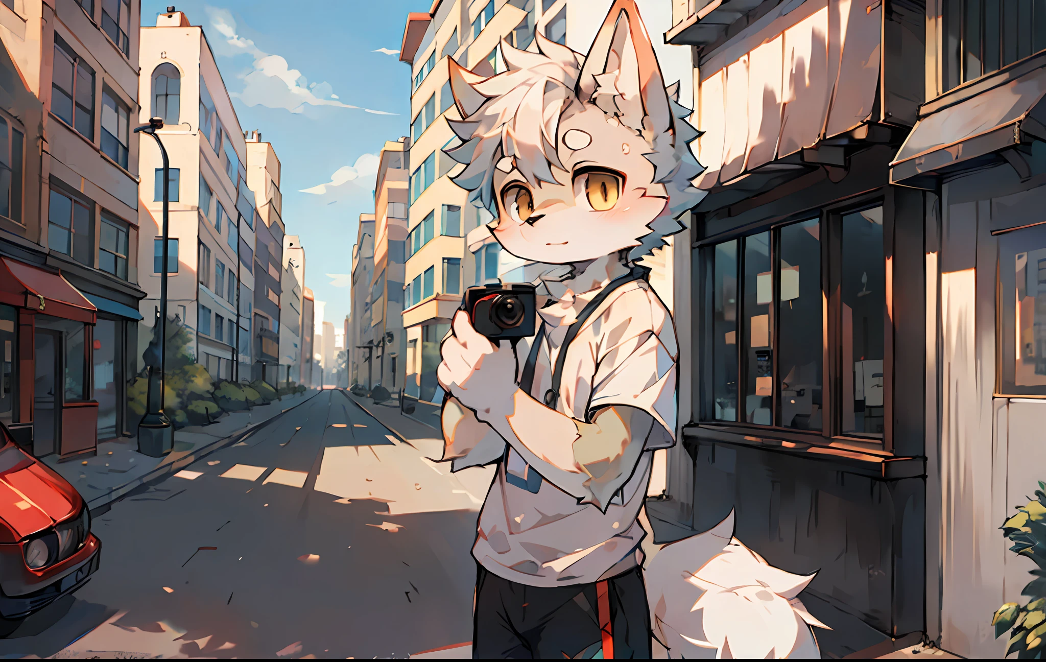 Furry, fur, body fur, city, street, solo, short sleeves, gray fur, white hair, beige short sleeves, cute boy, camera in hand, daytime, long dog