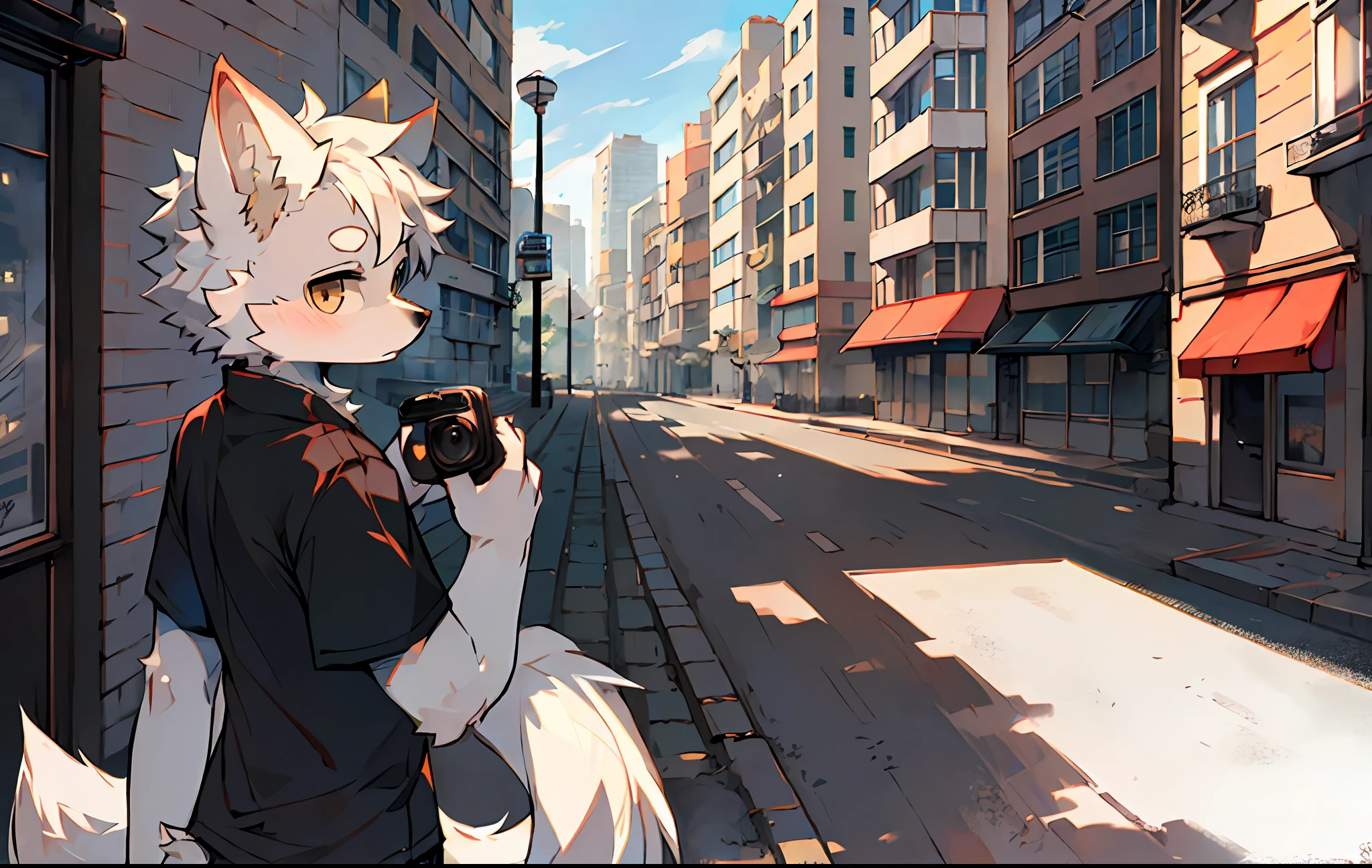 Furry, fur, body fur, city, street, solo, short sleeves, gray fur, white hair, beige short sleeves, cute boy, camera in hand, daytime, long dog