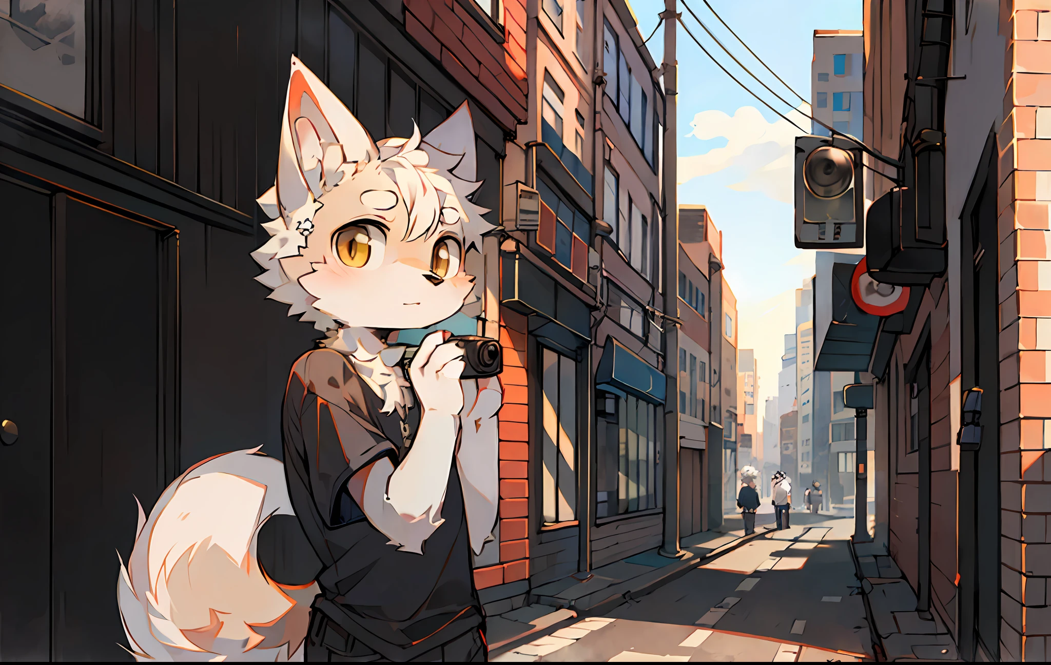 Furry, fur, body fur, city, street, solo, short sleeves, gray fur, white hair, beige short sleeves, cute boy, camera in hand, daytime, long dog