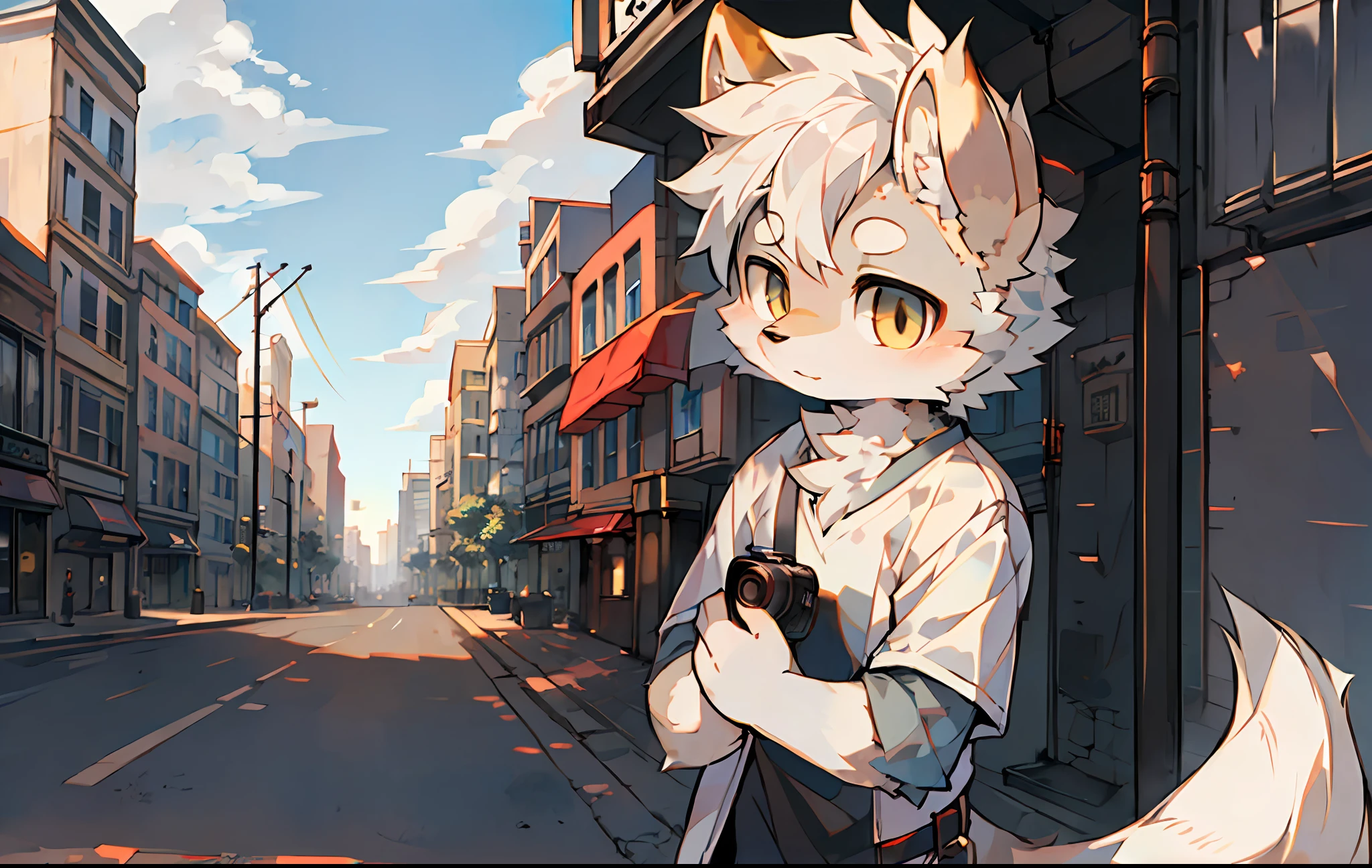 Furry, fur, body fur, city, street, solo, short sleeves, gray fur, white hair, beige short sleeves, cute boy, camera in hand, daytime, long dog