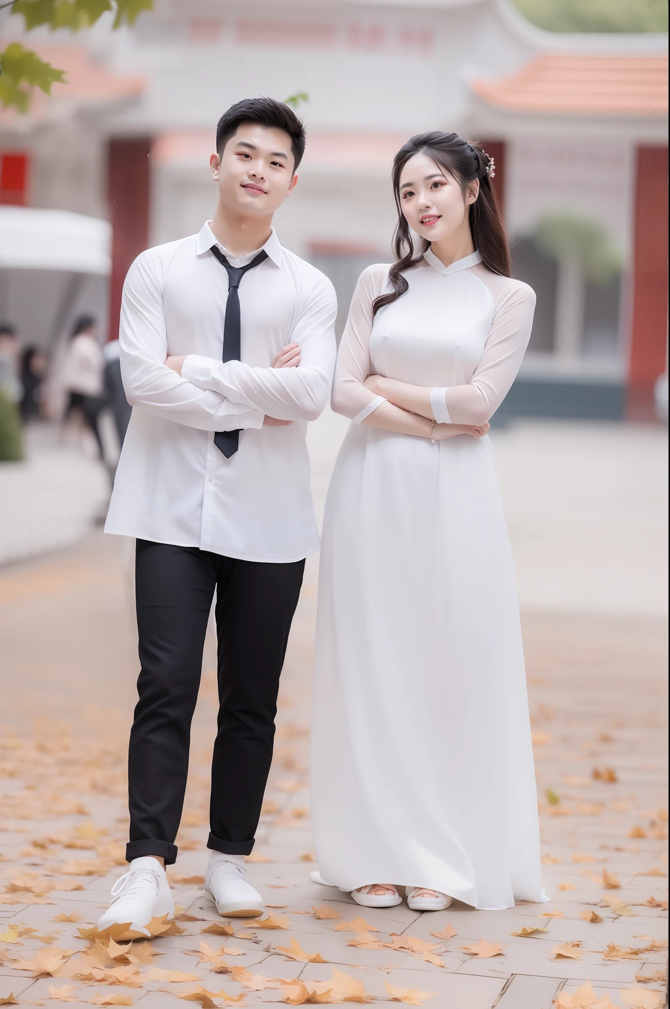 they are standing in a park with leaves on the ground, ao dai, lovely couple, in style of lam manh, happy couple, ruan jia and fenghua zhong, bao phan, full body portrait shot, full body photogenic shot, couple, couple pose, hoang long ly, wearing white cloths, ruan jia and brom