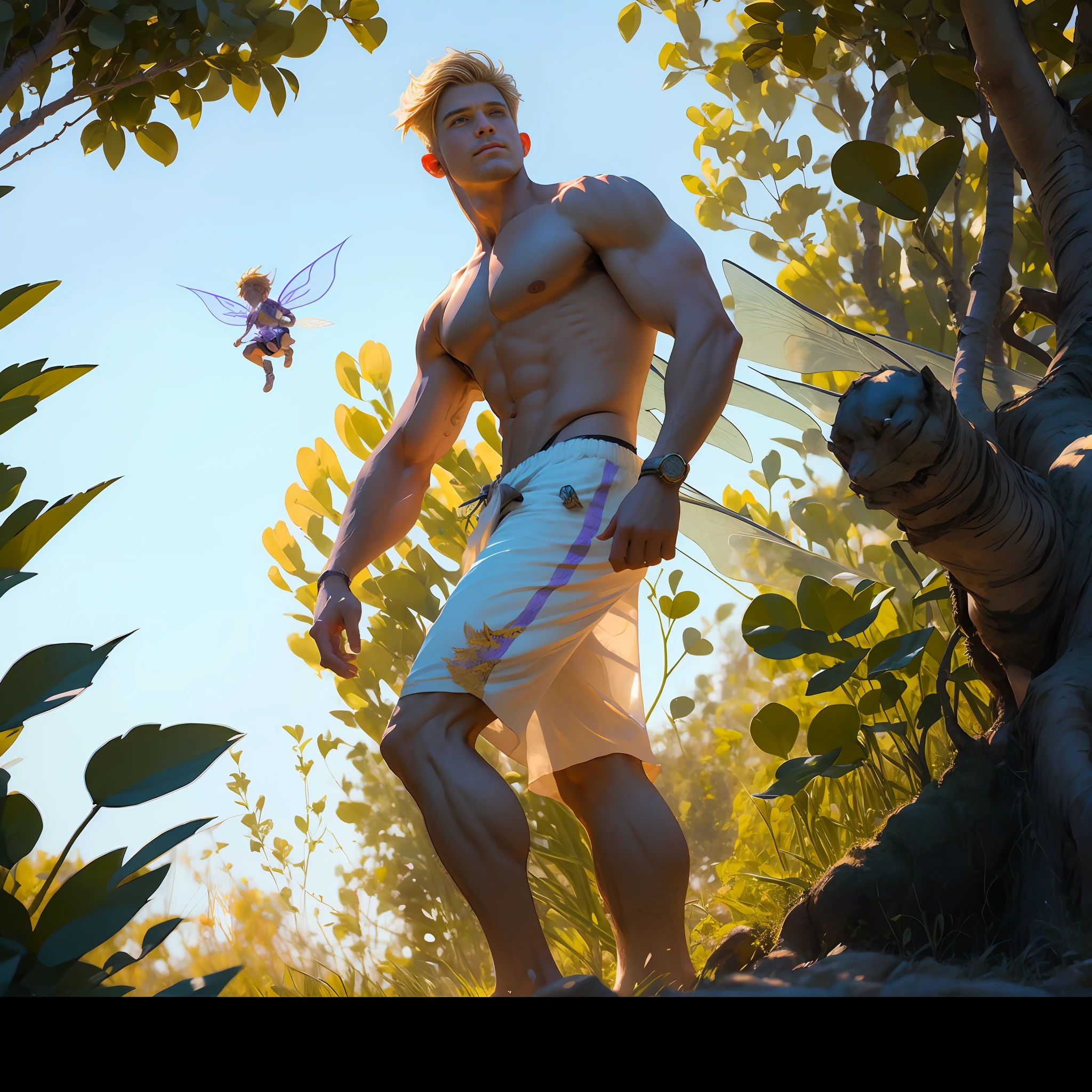Fairy male blonde man with gold and purple details, large wings, flying in the air, vegetation blurred background, soft colors, soft light, sunset light, smooth light, symmetrical, full body, cinematic movie --auto