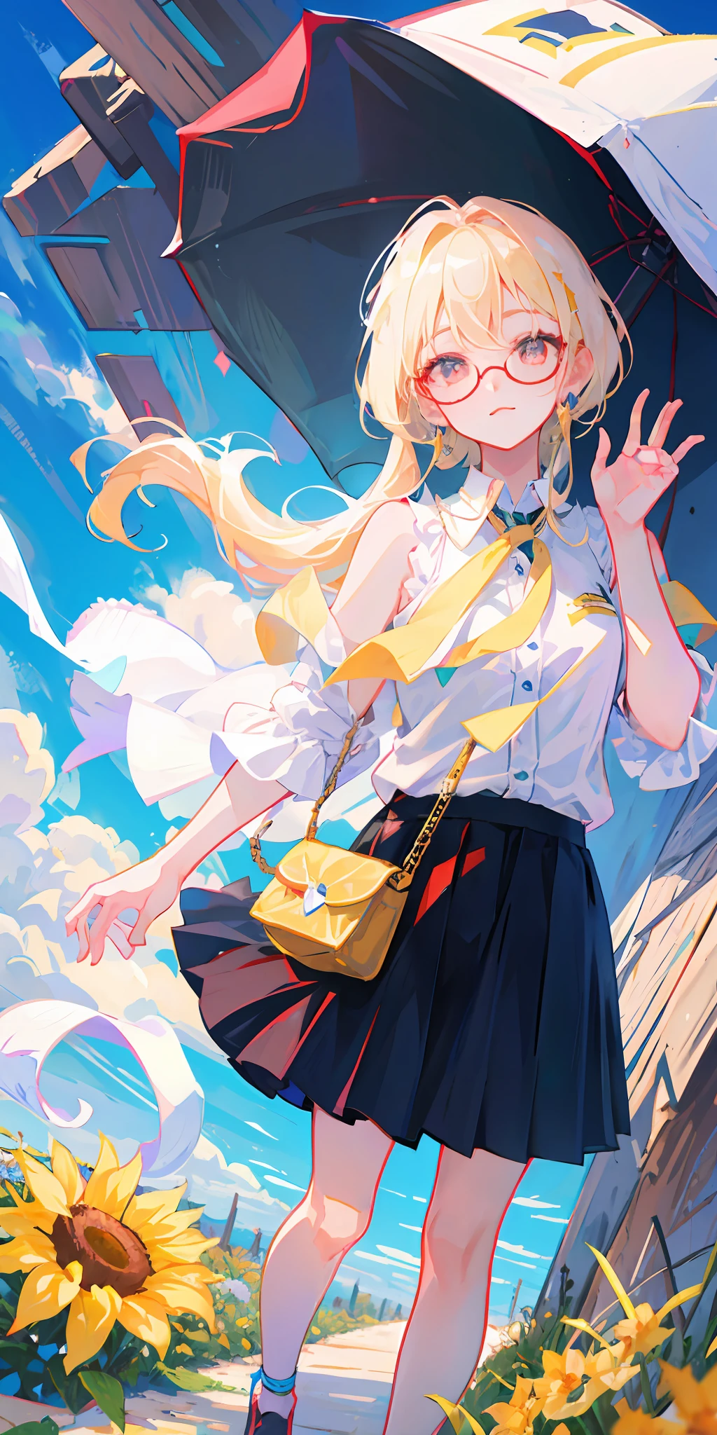 Best quality, super high resolution, (realism: 1.4), 1 female, sleeveless white button-down shirt, black skirt, black collar, ((glasses)), (Kpop idol), (aegyo sal: 1), (platinum blonde: 1), ((puffy eyes)), looking at viewer, full body, flowers