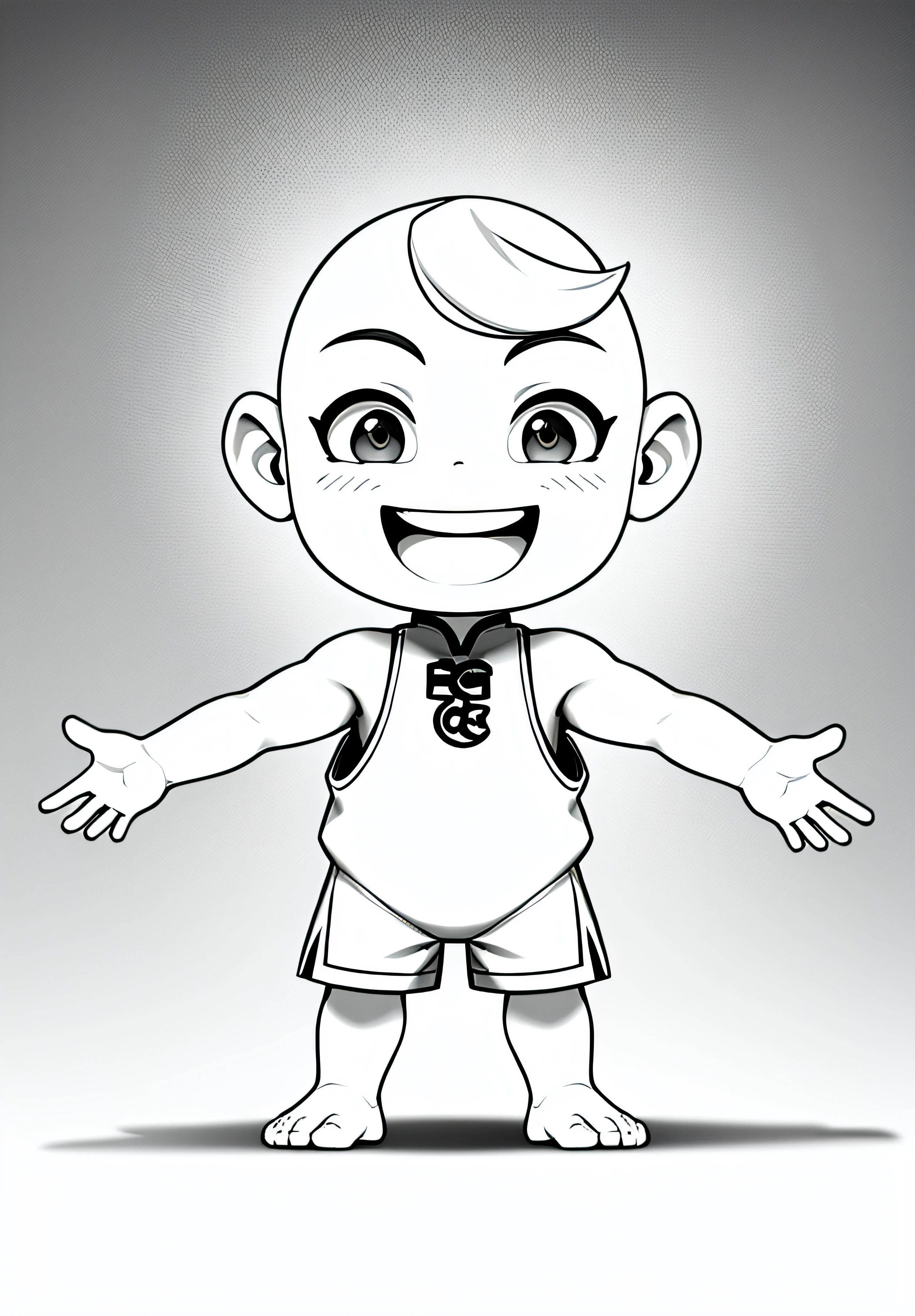 Masterpiece, best quality, 1 boy, solo, bald, look_audience, smile, hold, black thin line drawing, monochrome, no background, contoured thin line, sleeveless
