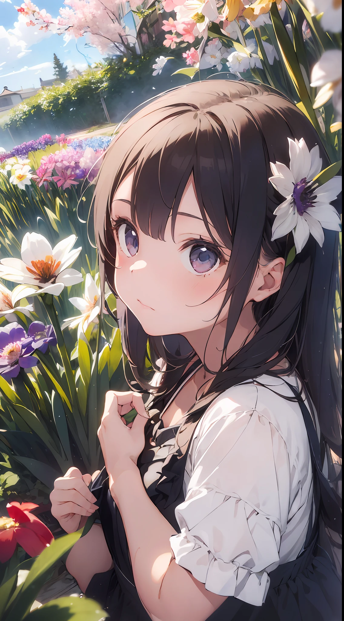 ((masterpiece,best quality)),(1girl, solo:1.4),negative space:1.3,from above,beautiful detailed eyes, vivid, cloudy sky, flower, anemone \(flower\), daffodil, hyacinth,falling petals,sanshoku dango, hanami, picnic, incoming kiss, incoming hug,