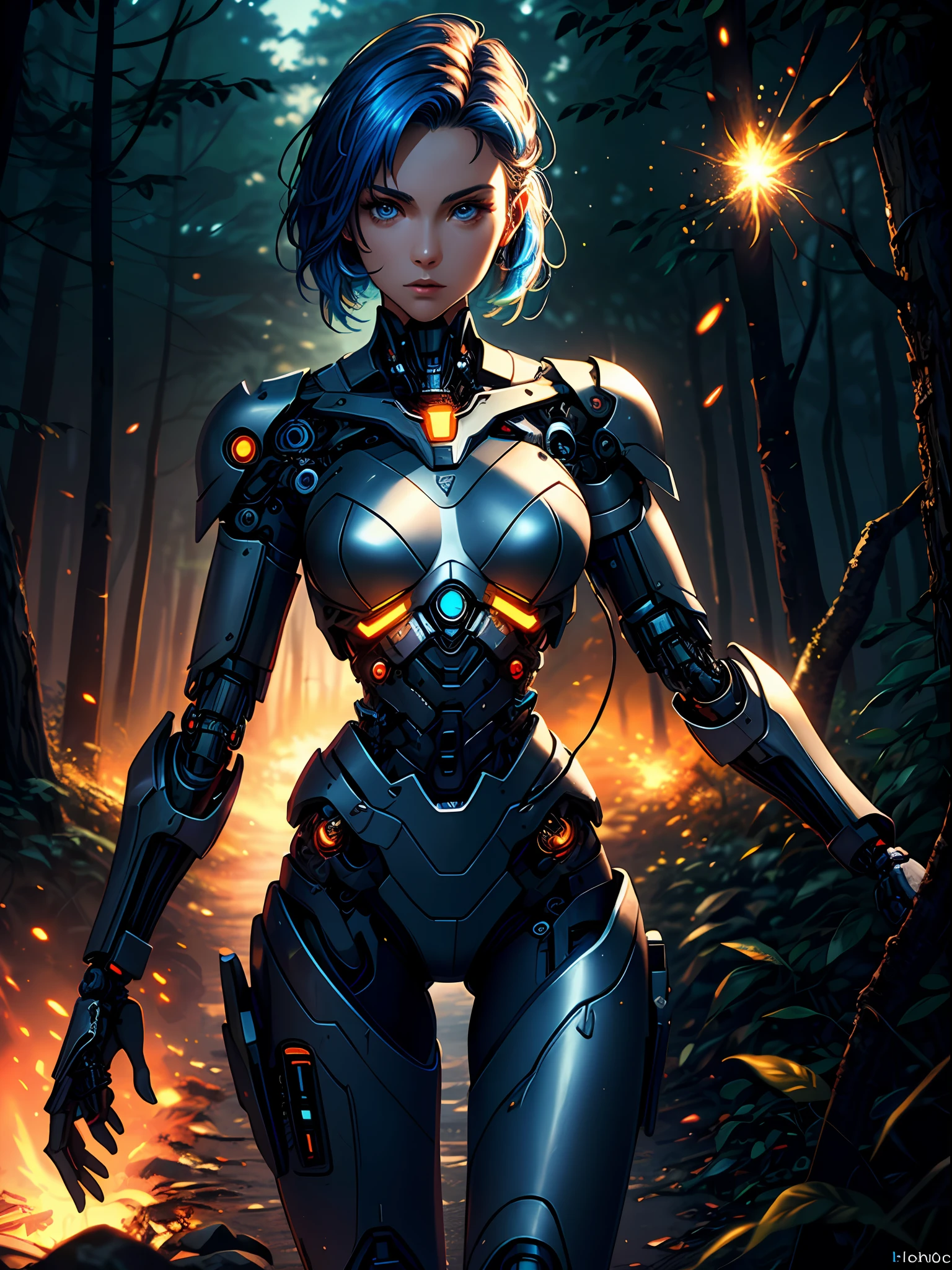 ((best quality)), ((masterpiece)), ((realistic)), (detailed), full body of a (cyborg women mixed:1.2), (20 years old), (metal skin:1.2),(blue braded hair), (intricate detailed skin texture:1.2), (electric spark:1.1), (machine body:1.2), (smart sharpen:1.2), depth of field, forest background, backlit, rim lighting, dramatic lighting, ambient occlusion, volumetric lighting, professional studio lighting, insanely detailed, absurdres, HDR