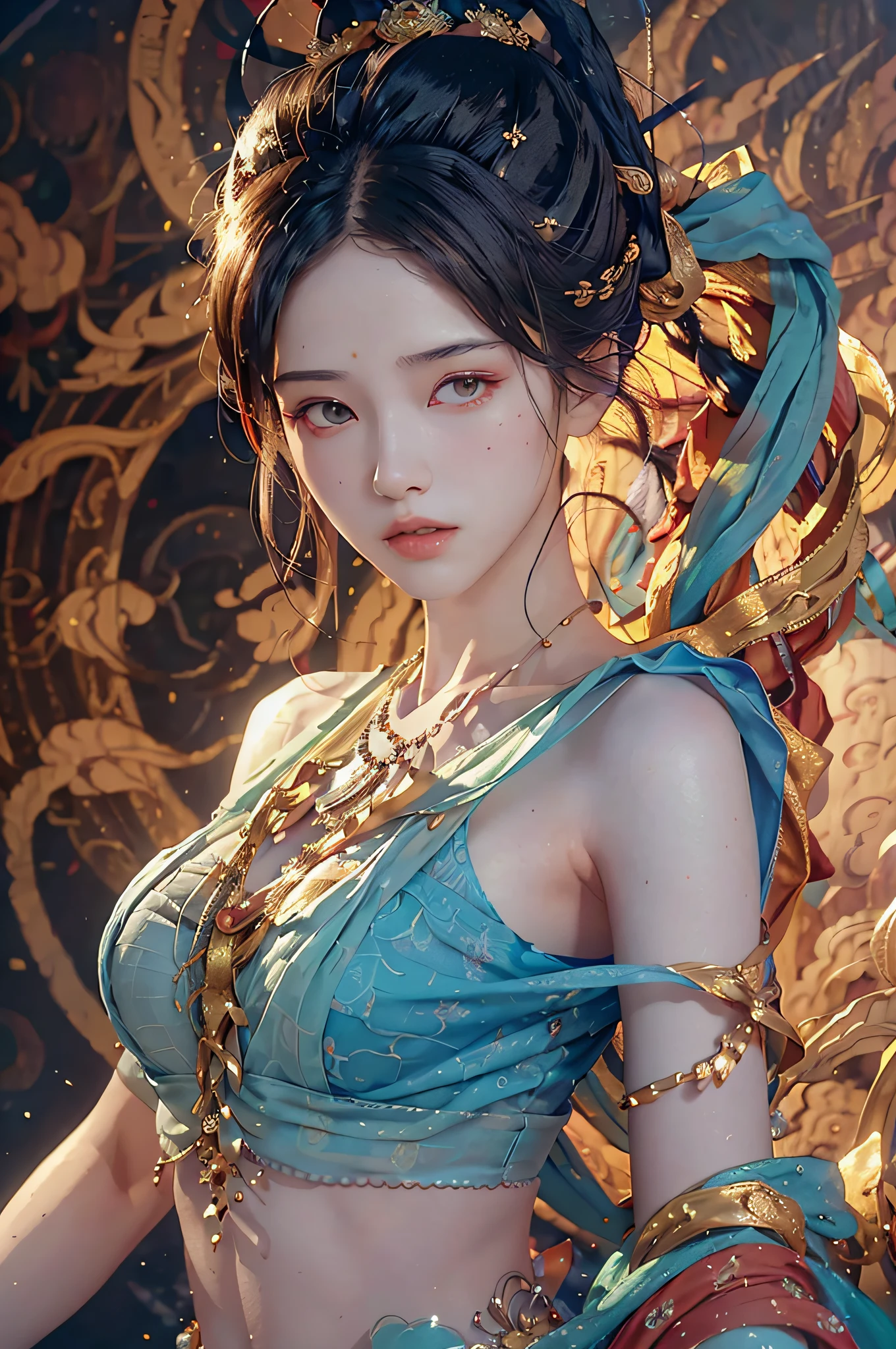 (RAW photo, best quality), (realistic, photo-realistic:1.3),best quality,highly detailed,masterpiece,ultra-detailed,illustration,1girl,upper_body,dynamic angle,world masterpiece theater,messy_long_hair,best quality,extremely detailed CG unity 8k wallpaper,ink,Amazing,cinematic lighting,lens_flare,,dunhuang_style