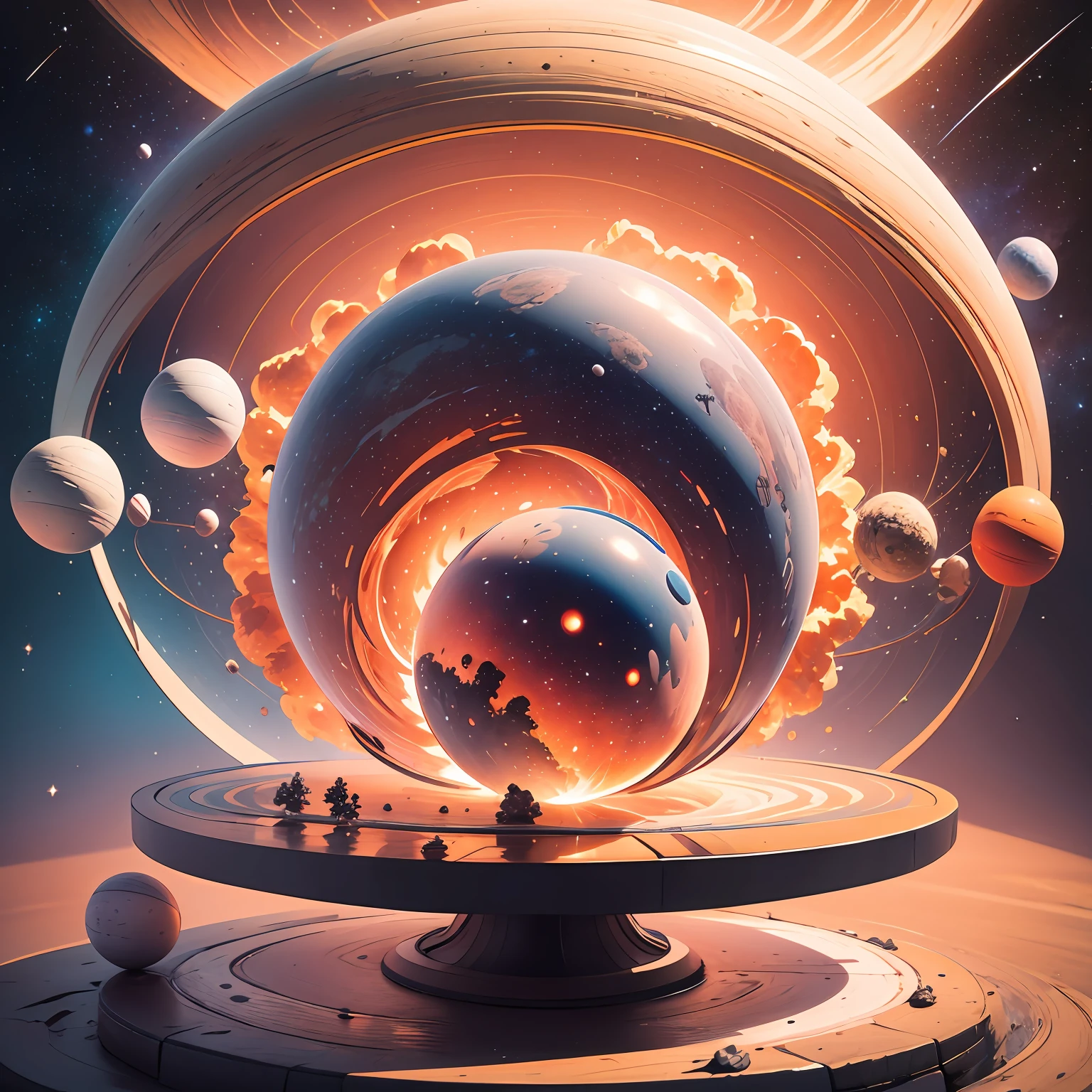 Alafed image, a planet with a spiral in its center, a Dyson sphere in space, an apocalyptic spherical explosion, a colorful planet, --auto