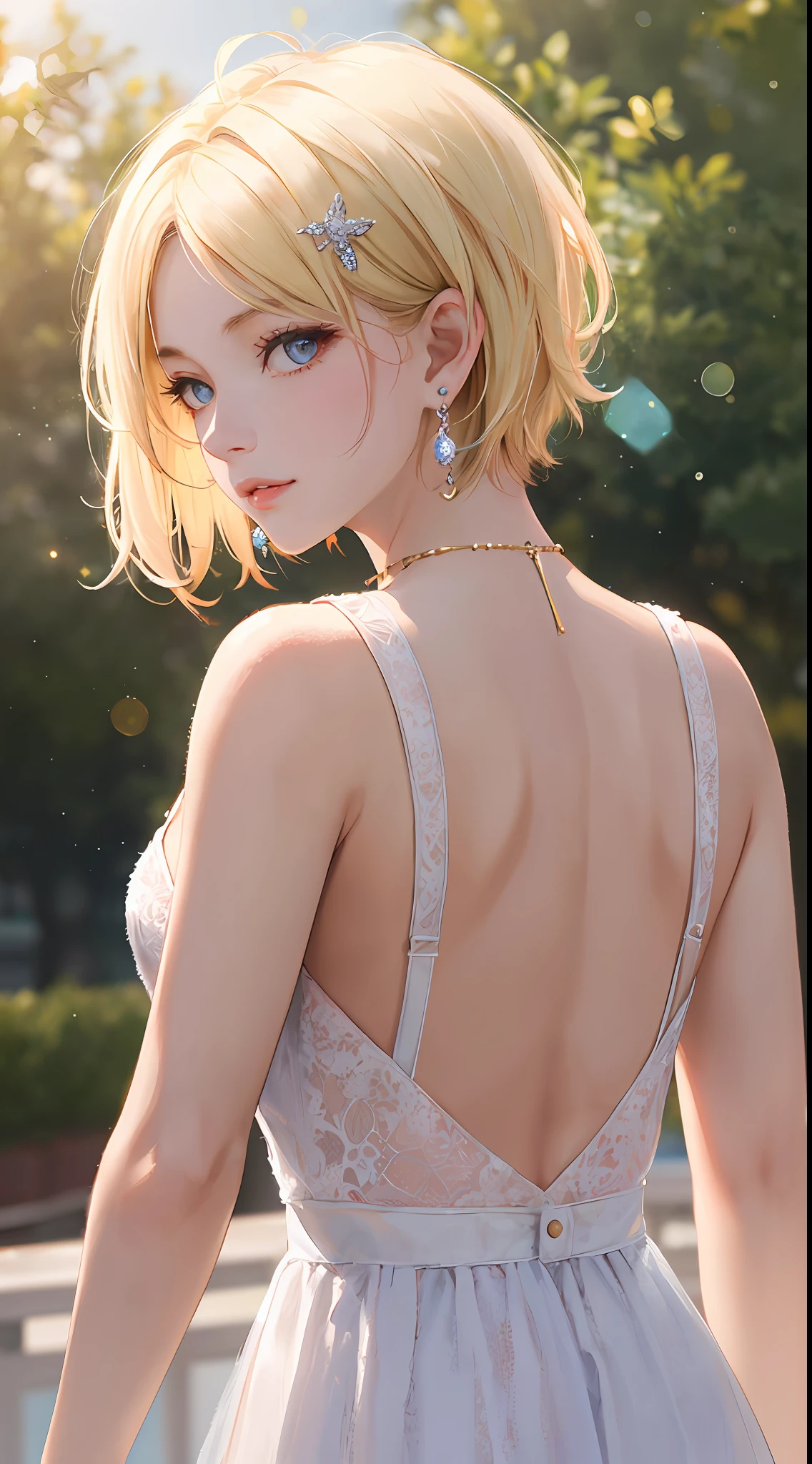 Realistic, Top Quality, 8K UHD, DSLR, Soft Lighting, High Quality, Film Grain, Fujifilm XT3, Intricate Details, Depth of Field, Girl 20 years old, (Lens flare, Backlight:1.2), (Blonde, Short hair), Earrings, Hair ornament, Look at viewer, Flash, ((Short hair)), Nice hairstyle, Very short, Nice style,