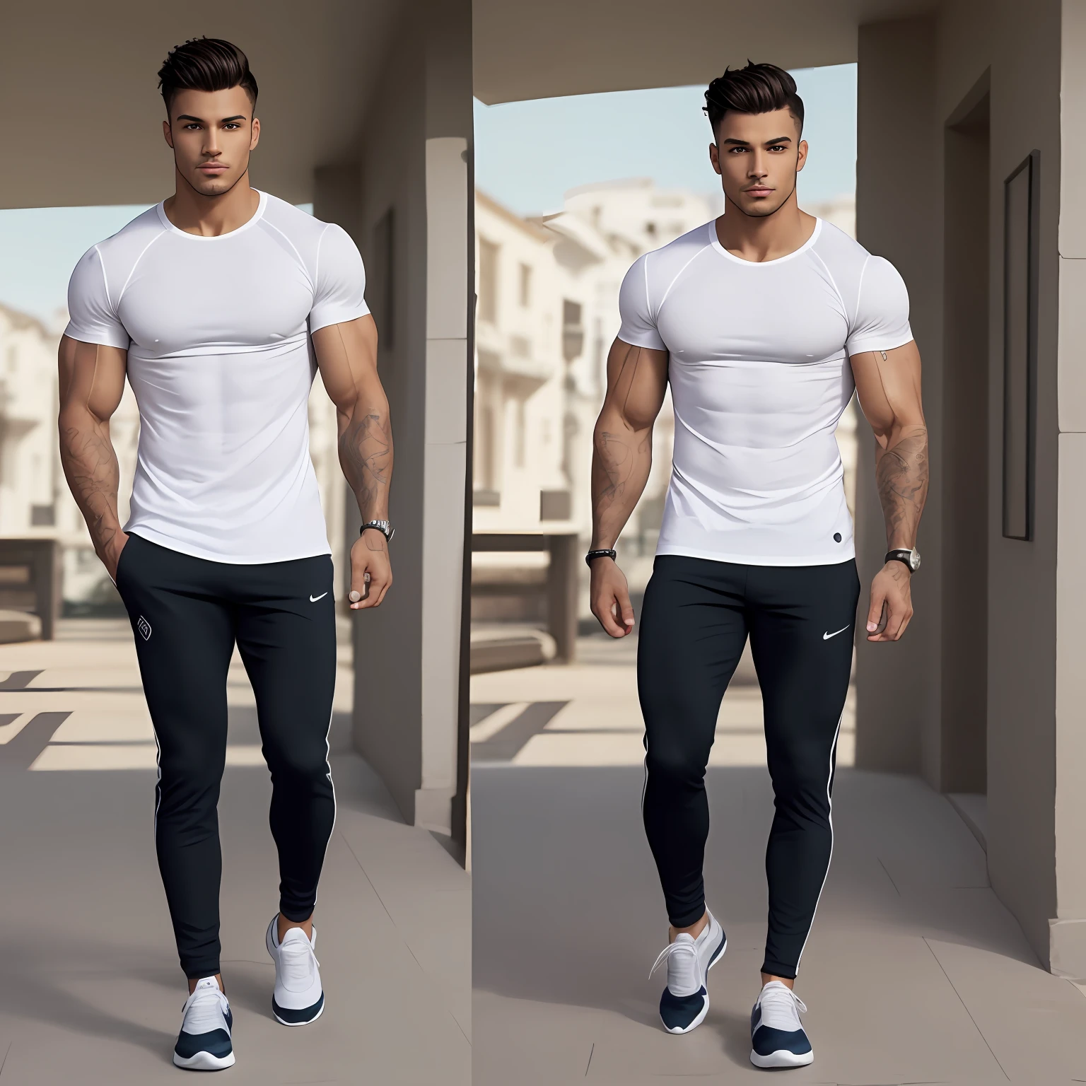 Name: Rafael Torres
Description: Rafael is an extremely attractive and charming character, with a distinctly masculine appearance and a sculpted athletic body. ((((full body)))), (standing), Her skin is light brunette, highlighting her intense brown eyes that glow with determination. His face is flawless, with a smooth, hair-free skin, highlighting his symmetrical and striking features.
Clothes: Rafael wears a modern sportswear that reflects his relaxed and elegant style. His attire consists of a tight t-shirt of solid color, highlighting his well-defined muscles. He wears matching sports pants, which fit perfectly with his athletic body. His sneakers are modern and comfortable, allowing him to move with agility.
Hair: Rafael sports a short and elegant hairstyle, with intense black hair. Its threads are carefully arranged, enhancing its sophisticated and modern appearance.
Background: There is no specific fund for Raphael. Instead, he is depicted in a solid color plane that contrasts with his clothes and accentuates his charismatic presence.
