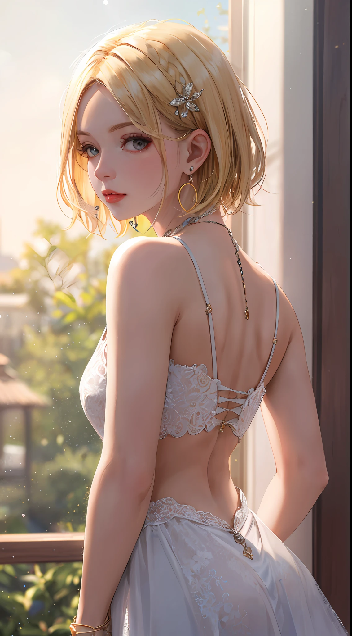 Realistic, Top Quality, 8K UHD, DSLR, Soft Lighting, High Quality, Film Grain, Fujifilm XT3, Intricate Details, Depth of Field, Girl 20 years old, (Lens flare, Backlight:1.2), (Blonde, Short hair), Earrings, Hair ornament, Look at viewer, Flash, ((Short hair)), Nice hairstyle, Very short, Nice style,