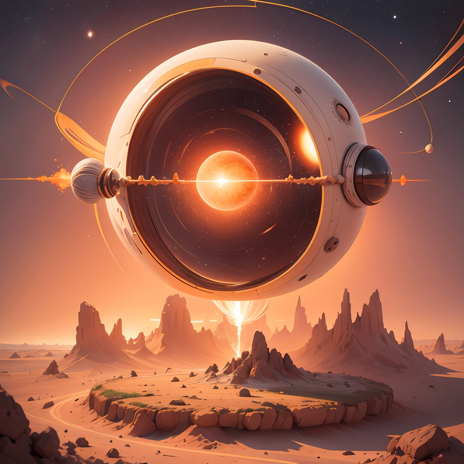 Alafid image, a planet with a spiral in its center, a Dyson sphere in space, an apocalyptic spherical explosion, the Red Planet, --auto