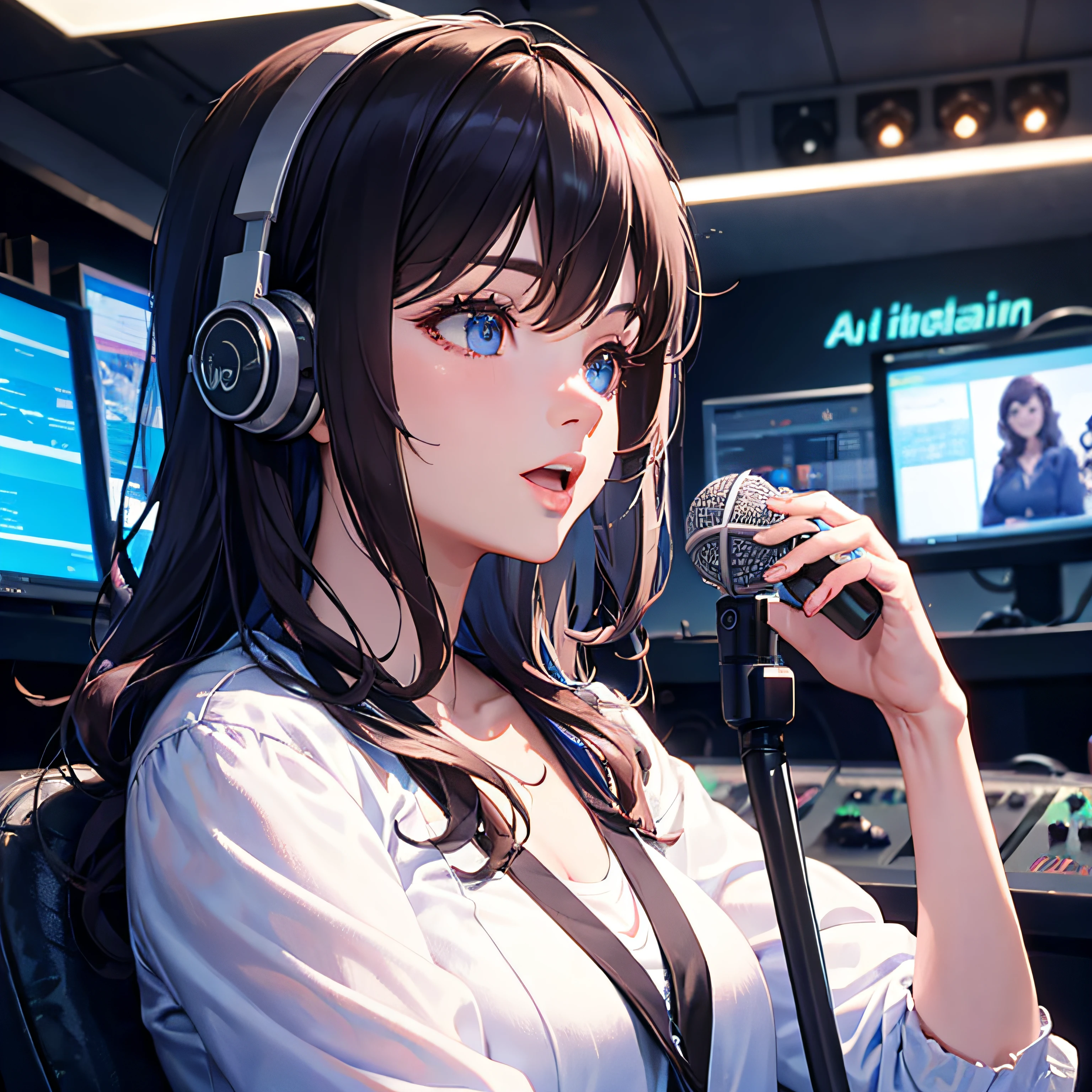 Broadcaster in FM radio studio, brunette, wavy hair, talking into the microphone, realistic, full HD, 3d, 4k --auto