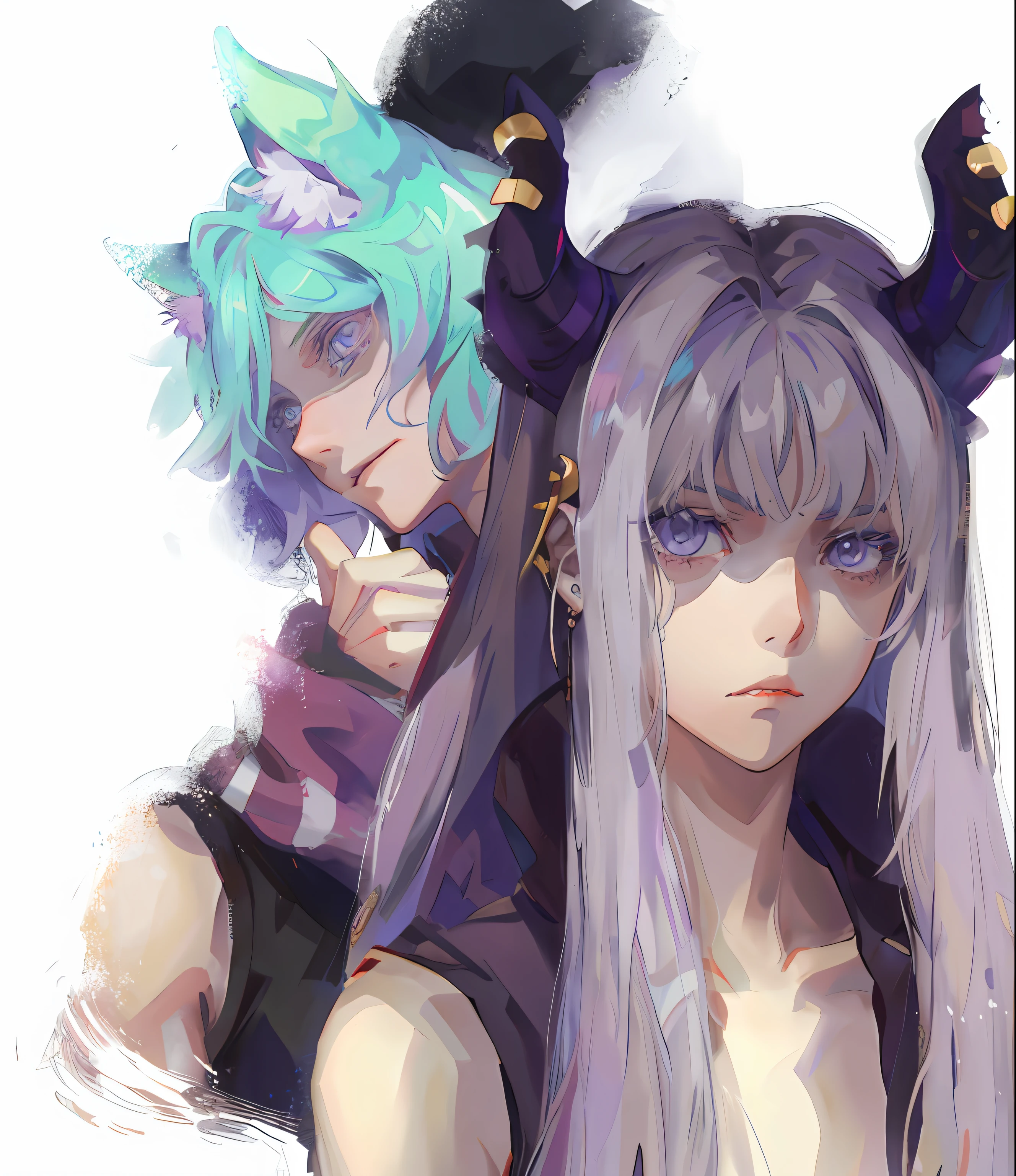 anime characters with long hair and purple hair are posing for a picture, original character, high quality, masterpiece, horns, gray eyes, demon girl, blur the background, anime style, best quality, 8k, medium breast, (long hair), soft skin, cold eyes, fox guy in the background looking at her angry, extremely detailed, jacket, piercings, cute girl, beautifull anime girl, empty eyes, eye reflection, gradient eyes, devil eyes, longeyelashes, annoyed, closed mouth, serious, expressionless eyes, lonely, multiple views, atmospheric perspective, perspective, 360 view