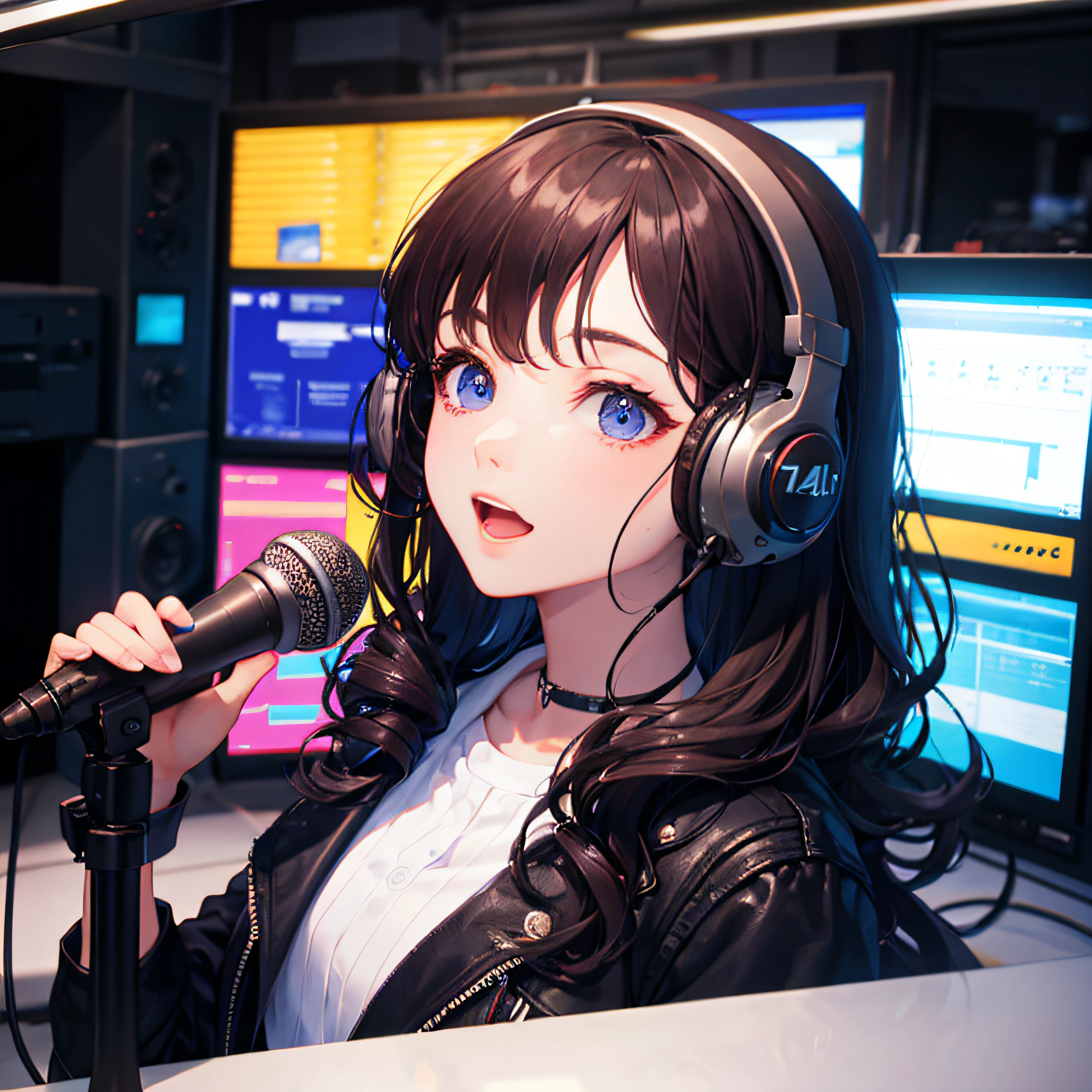 Broadcaster in FM radio studio, brunette, wavy hair, talking into the microphone, realistic, full HD, 3d, 4k --auto