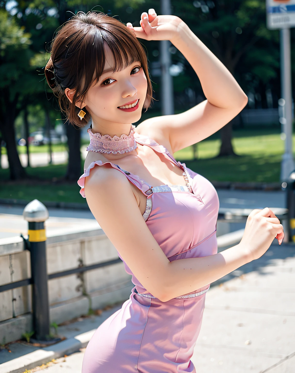Woman posing on street corner in pink dress, top quality, girl 1 person, big breasts, sun, bright, blurred background, bokeh, outdoor, (street: 0.8), (people, crowd: 1), (cropped with lace) dress: 1.5, full body, sleeveless dress, pink clothes, pink high neck dress: 1.2, pink dress: 1.5), gorgeous (short hair, forehead: 1.2), sagging eyes, beautiful sky in detail, earrings, (dynamic pose: 1.2), (upper body: 0.8), soft lighting, wind, shiny skin, smile