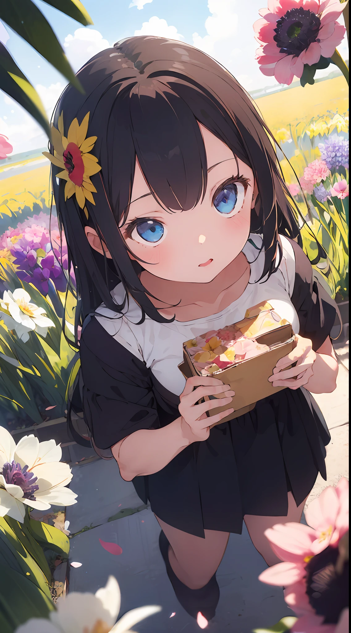 ((masterpiece,best quality)),(1girl, solo:1.4),negative space:1.3,from above,beautiful detailed eyes, vivid, cloudy sky, flower, anemone \(flower\), daffodil, hyacinth,falling petals,sanshoku dango, hanami, picnic, incoming kiss, incoming hug,