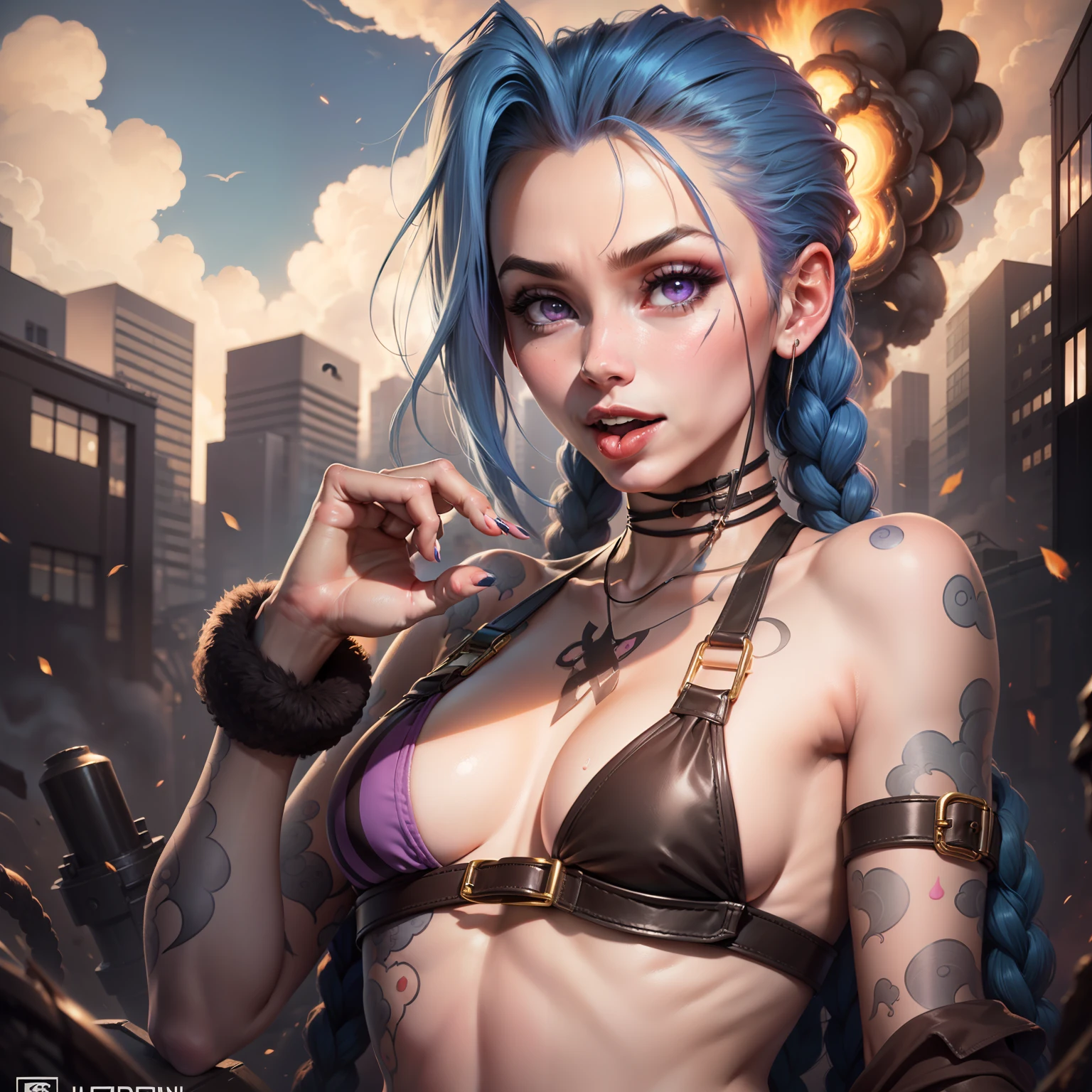 Jinx, lol, happy, in black bikini, looking at the spectator, moist body, big explosion in the background, sensuality in the body, small chest, tight bikini, purple iris, provocative, showing the tongue, breast beak marking, perfect hand with 5 fingers, prime work, best quality, all fingers of the hands