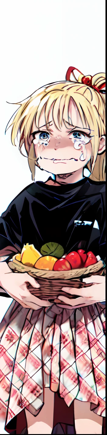 anime girl, blonde hair, hair tie, basket, fruits, crying, cry, sad, black shirt, skirt, color manga, manga color, color manga, color manga panel, simple background, a white background