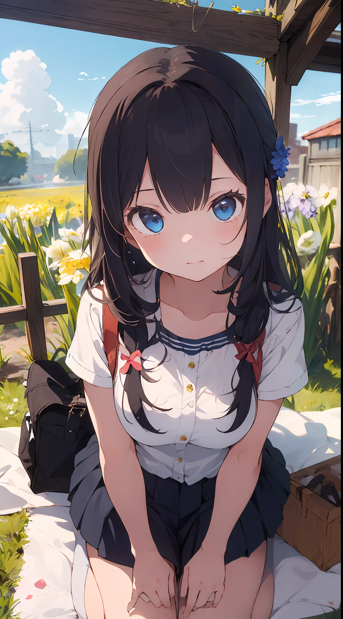 ((masterpiece, best quality)),(1girl, solo:1.4), silver hair, wine red eyes, from above, beautiful detailed eyes, vivid, cloudy sky, flower, awesome flower, daffodil, falling petals, sanshoku dango, hanami, picnic