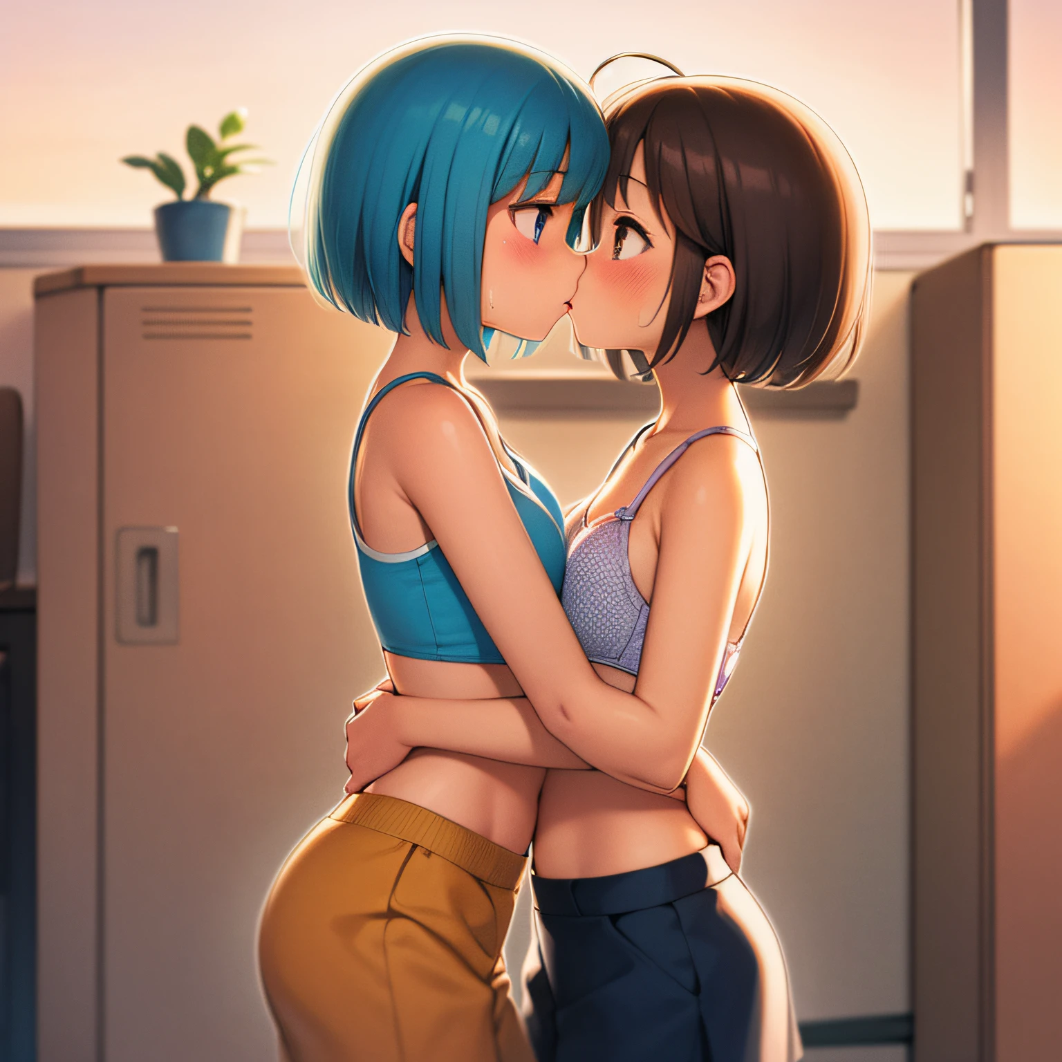 (nsfw:1.2),(best quality illustration: 1.2), (cute girl: 1.1), (1 girl, solo:1), (2 girls, , loli, child,mall,  cute, small breasts, super detailed eyes: 1.2), (yuri, kiss, hug from behind, grab, eyes half closed, eye contact: 1.3), (sweat, hug, blush: 1.1), BREAK White Bra, Pink Bra, Blue Bra, Green Bra, Grey Bra, Light Grey Bra, Striped Bra, Polka Dot Bra, Plaid Bra, Cute Bra, Kids Bra, Sports Bra, Camisole, Cotton Panties, School Skirt, Break Black Hair, Blue Hair, Brown Hair, Very Short Hair, Short Hair, Medium Hair, Long Hair, Wavy Hair, Curly Hair, Braid Hair, Princess Cut, Bob Cut, Twin Tail, Low Twin Tail, Ponytail, Low Ponytail, Break (Locker Room: 1.2), (Dusk, Dusk, Orange Sunlight: 1.2), BREAK (Top Quality, Super Detailed, Very Detailed and Beautiful, Ultra High Resolution, Detailed Arm: 1.2)